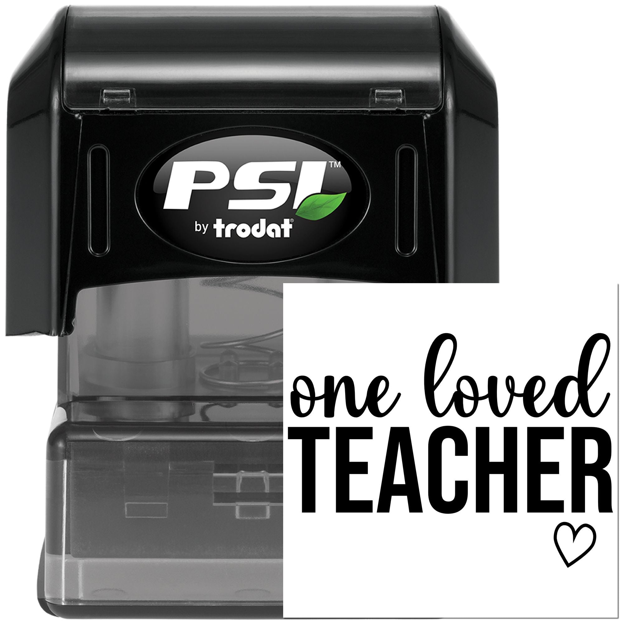 PSI by Trodat self-inking rubber stamp with One Loved Teacher design for classroom use and teacher gifts.