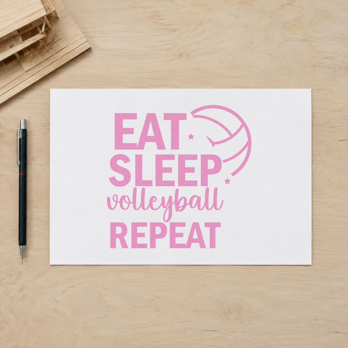 Eat Sleep Volleyball Repeat craft stamp in purple ink on cardstock, an easy option for kit bag tags.