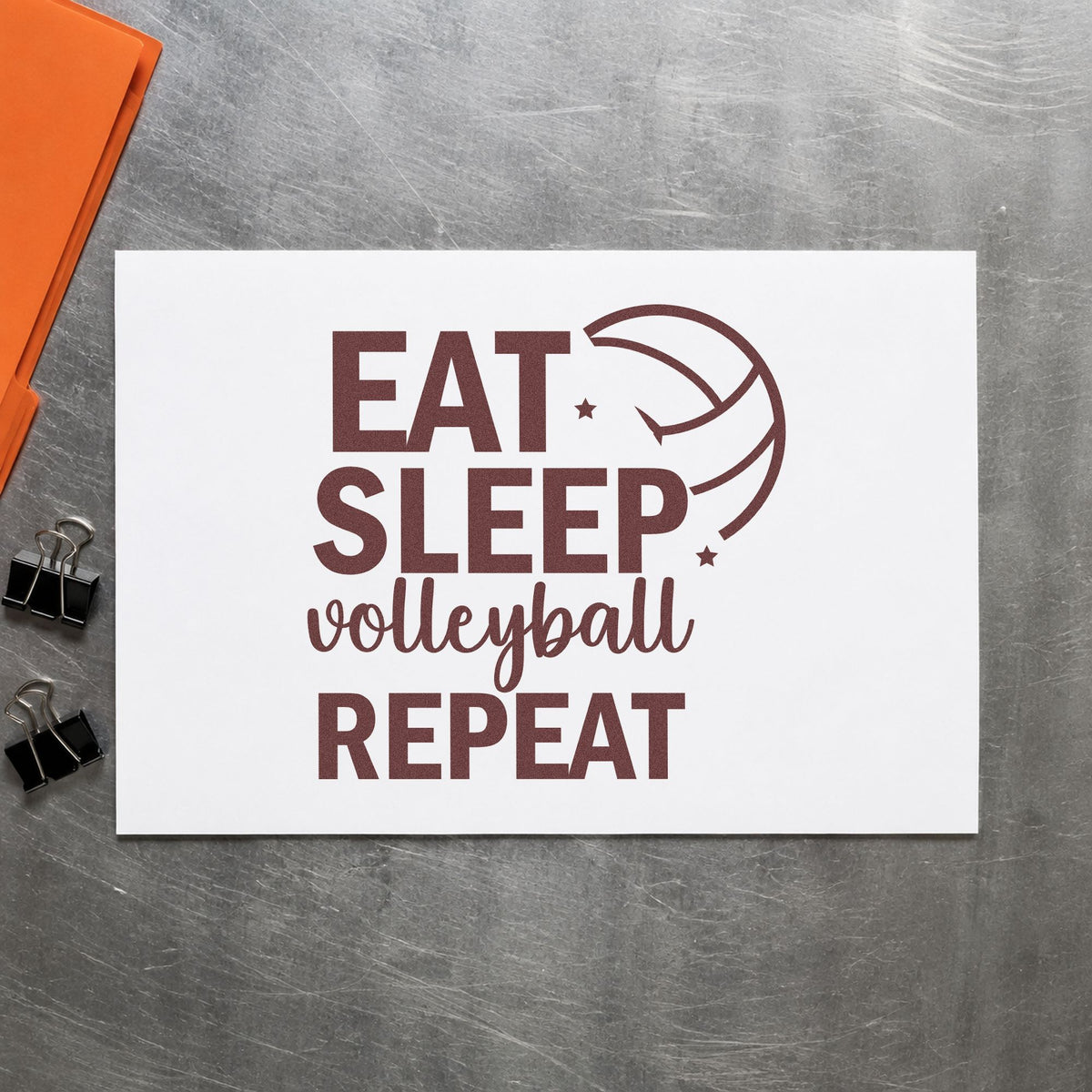 Eat Sleep Volleyball Repeat rubber stamp printed in brown ink, ready for knee pad labels and similar paper crafts.