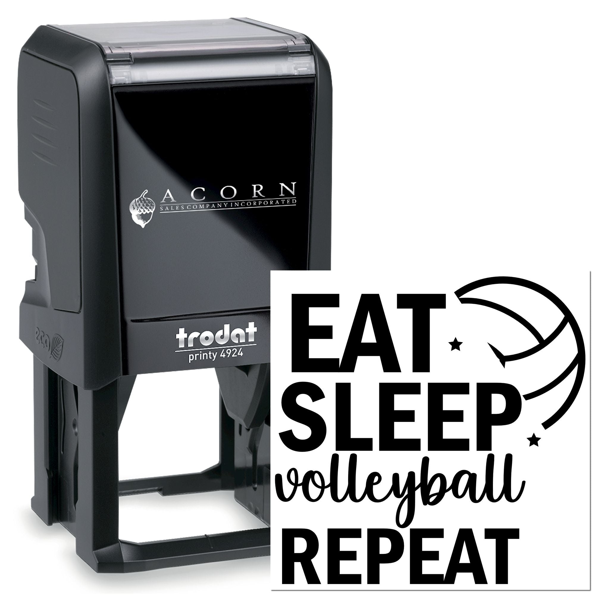 Custom self-inking rubber stamp with EAT SLEEP volleyball REPEAT design, Trodat Printy 4924.