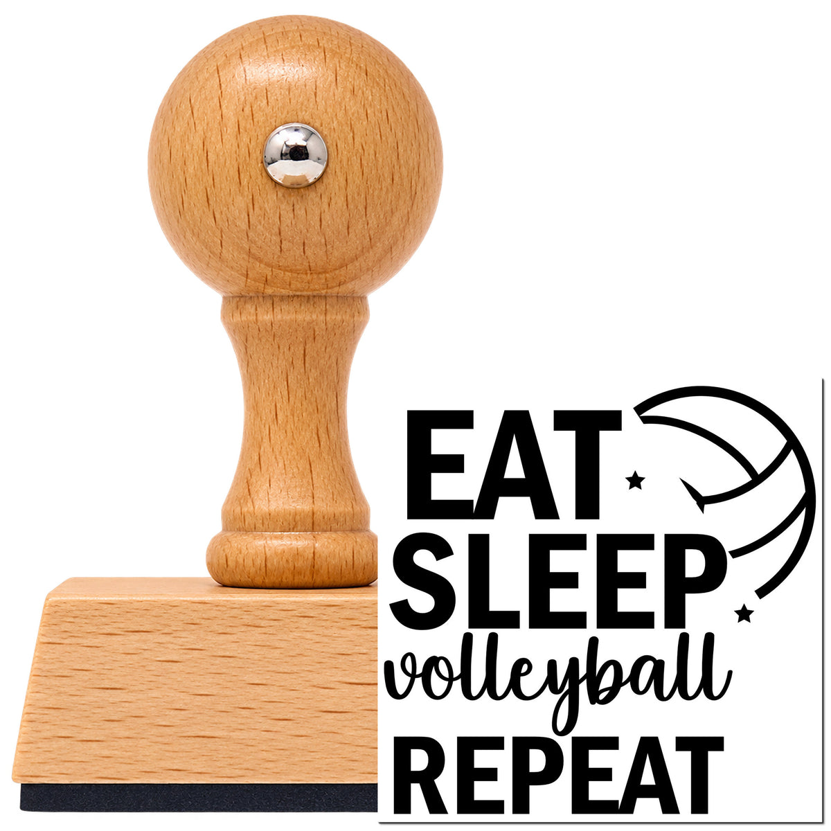 Eat Sleep Volleyball Repeat Vintage Pro rubber stamp in European beech wood with a round knob handle, shown beside its black imprint.