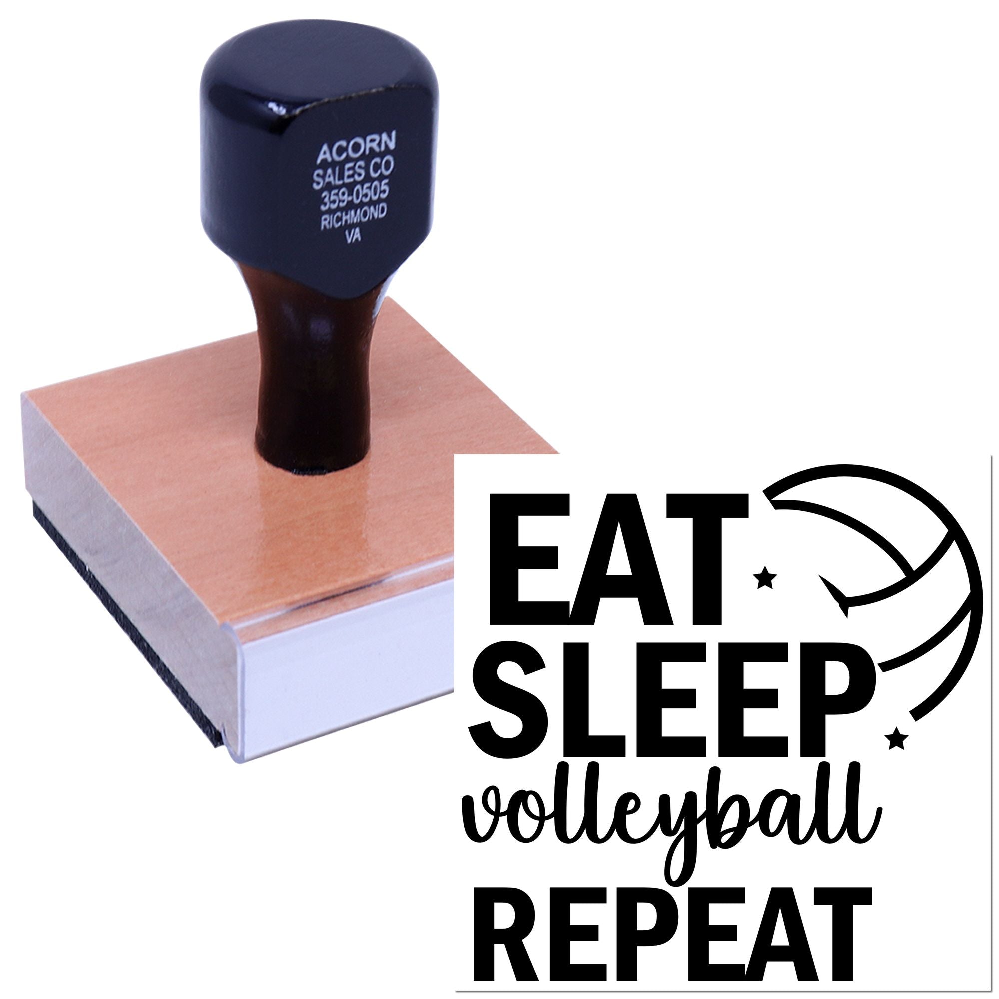 Custom rubber stamp featuring EAT SLEEP volleyball REPEAT design on wooden block for volleyball team crafts and branding.