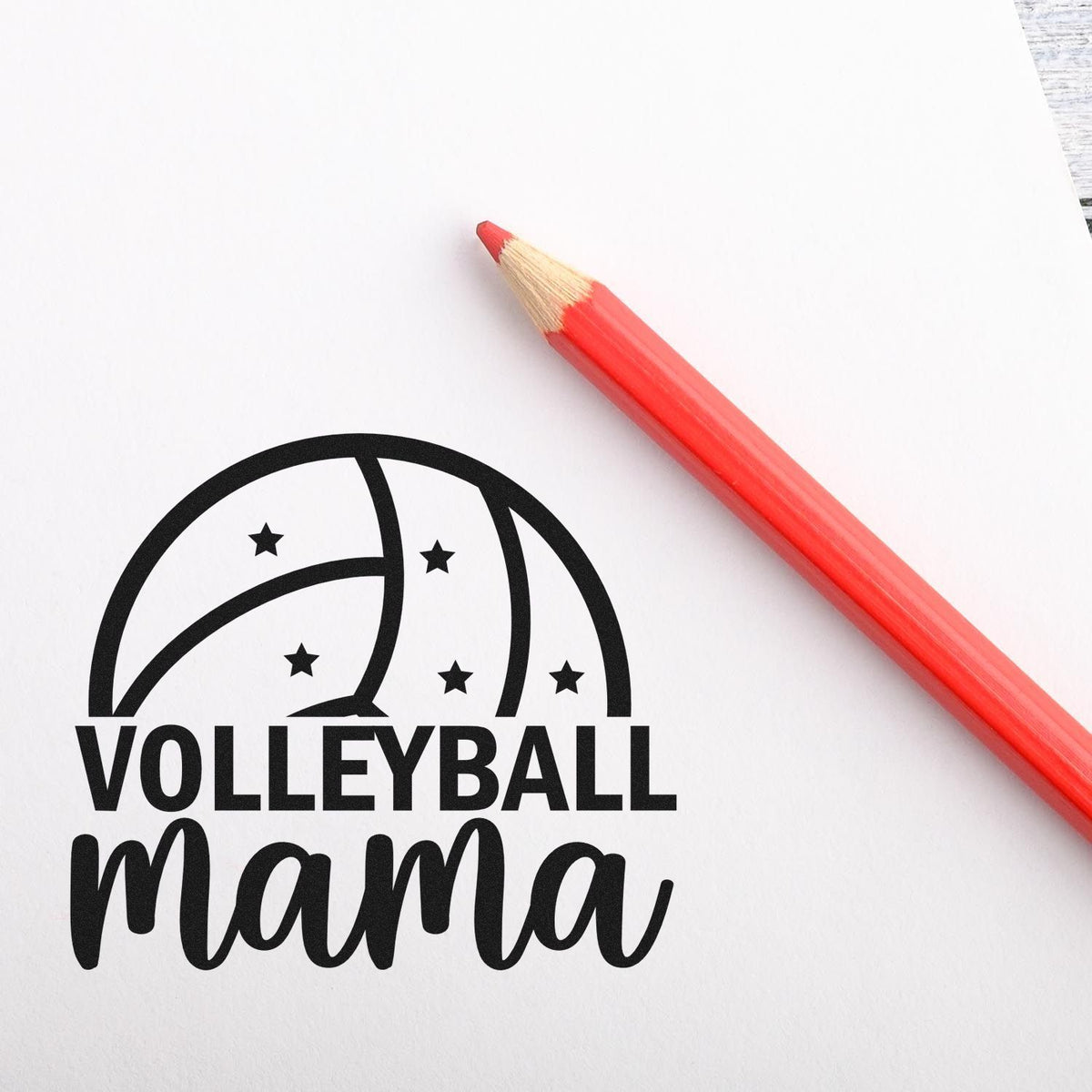 Pre-Inked Volleyball Mama Ball With Stars Stamp – PSI imprint stamped in black ink. “Volleyball Mama” sits below a partial volleyball dotted with stars.