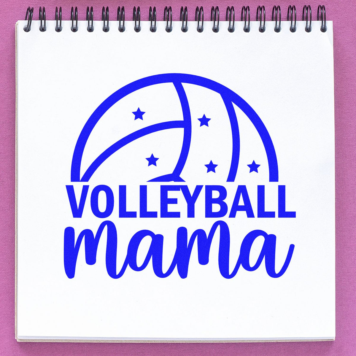 Blue Volleyball Mama custom rubber stamp design with volleyball graphic for sports mom crafts.