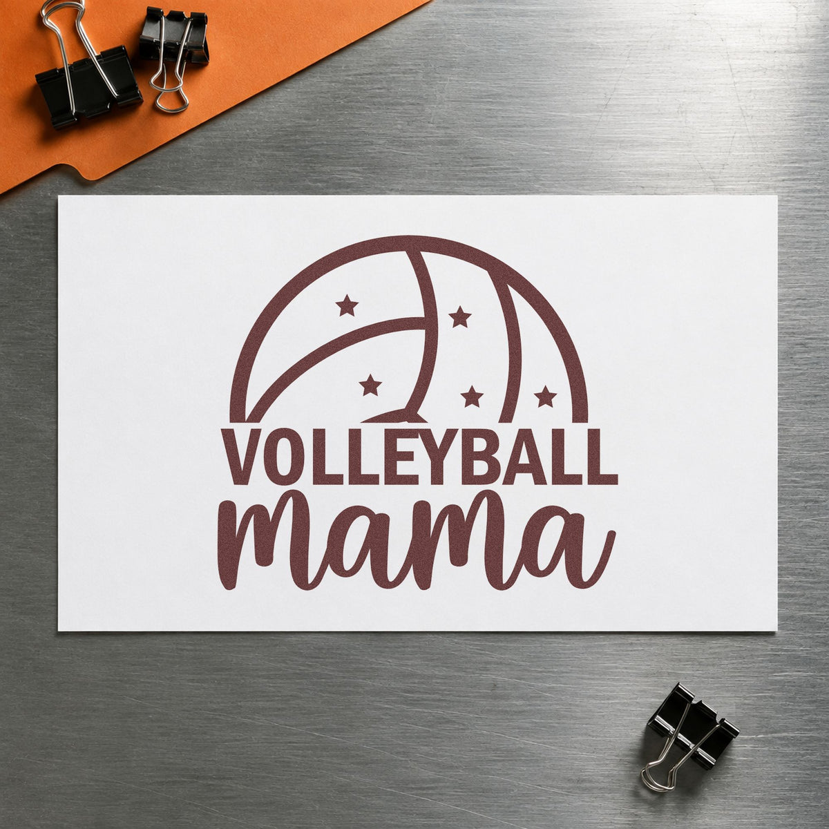 Volleyball Mama Ball rubber stamp printed in brown ink, ready for snack bin labels and similar paper crafts.