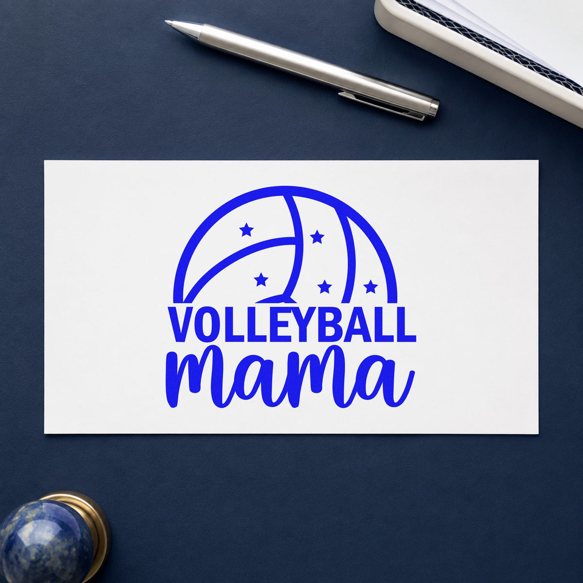 Volleyball Mama Ball craft stamp in blue ink on cardstock, an easy option for bleacher seat panels.