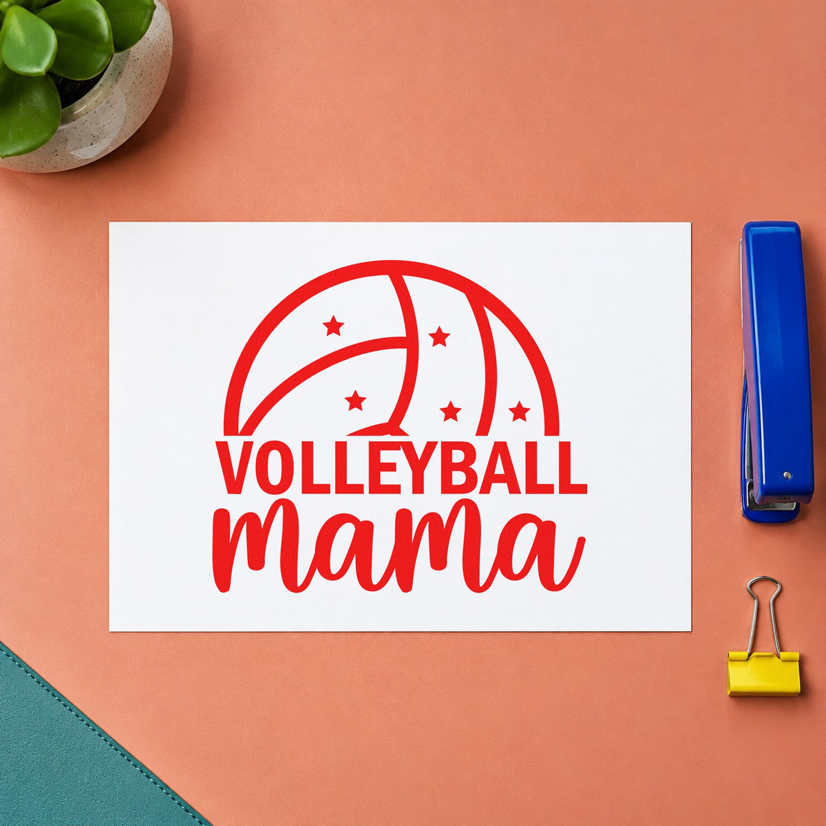 Volleyball Mama Ball rubber stamp shown in red ink, stamped for projects such as mother's day notes.
