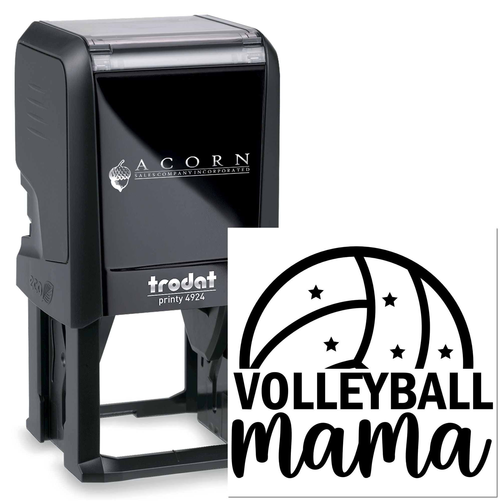 Custom self-inking rubber stamp with volleyball mama design, Trodat Printy 4924 personalized for sports teams and coaches.