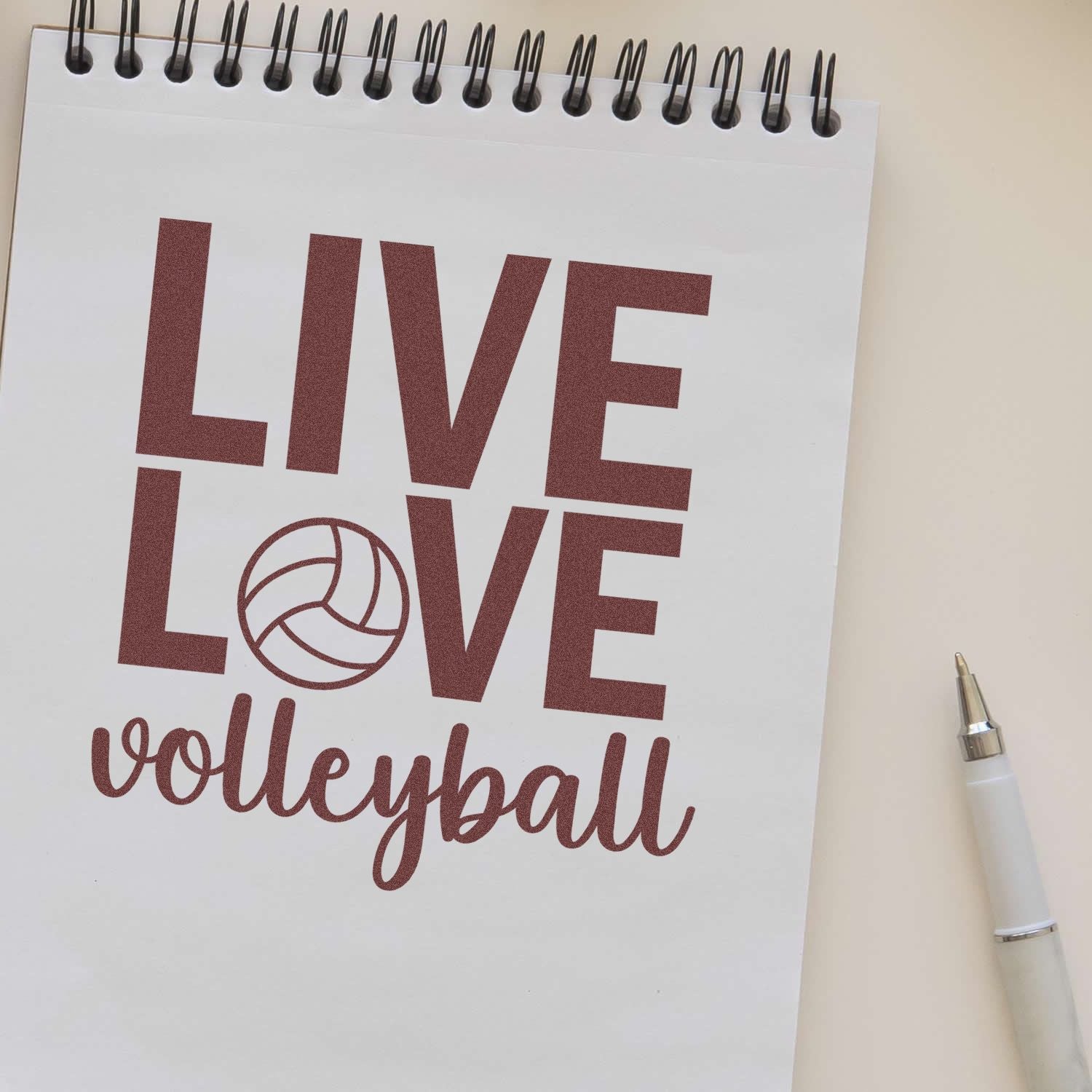 Live Love Volleyball rubber stamp design for sports scrapbooking, team gifts, and custom craft projects.