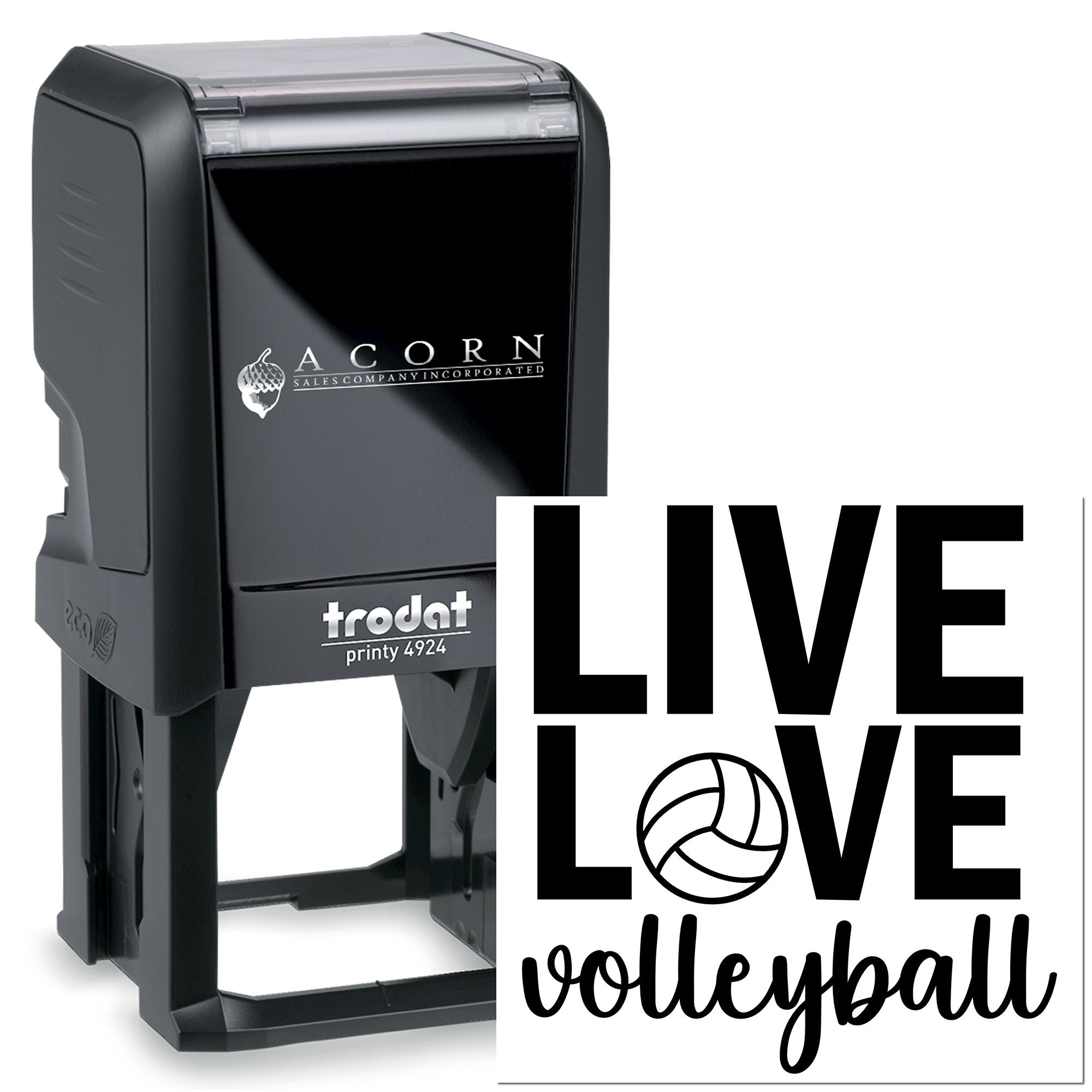 Trodat Printy 4924 self-inking rubber stamp with custom Live Love Volleyball design for sports branding and personalization