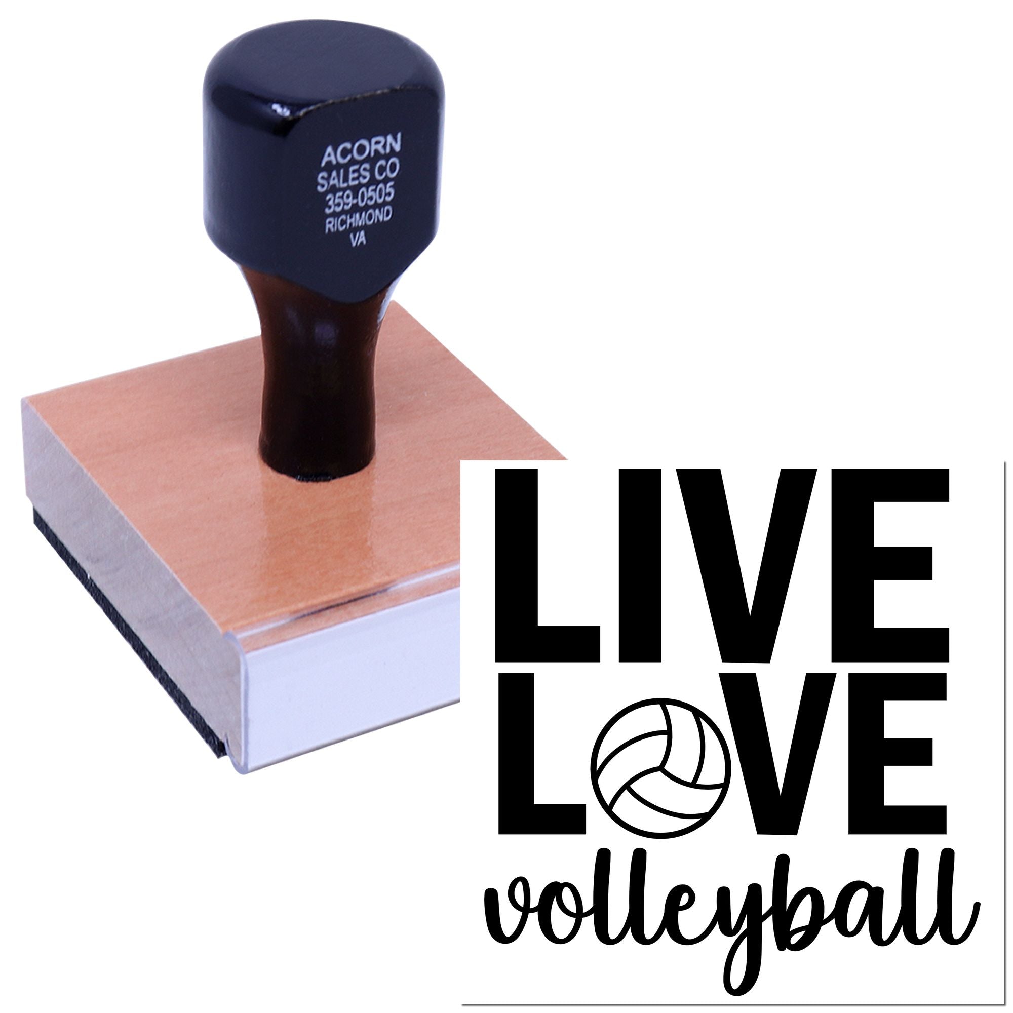 Personalized rubber stamp featuring LIVE LOVE volleyball design for sports team branding, crafts, and gift packaging.