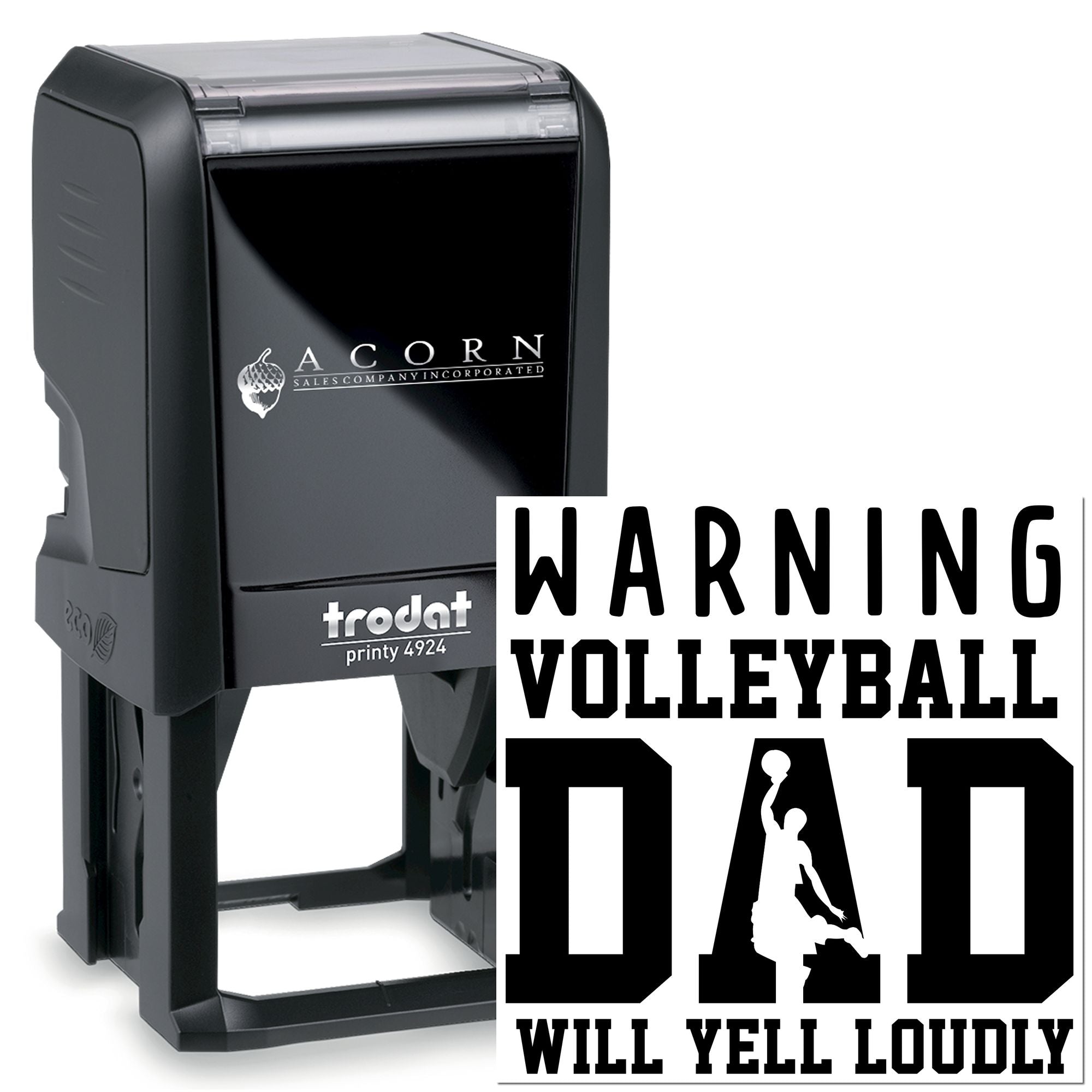 Self-inking Trodat rubber stamp with Warning Volleyball Dad Will Yell Loudly design for custom sports labeling.