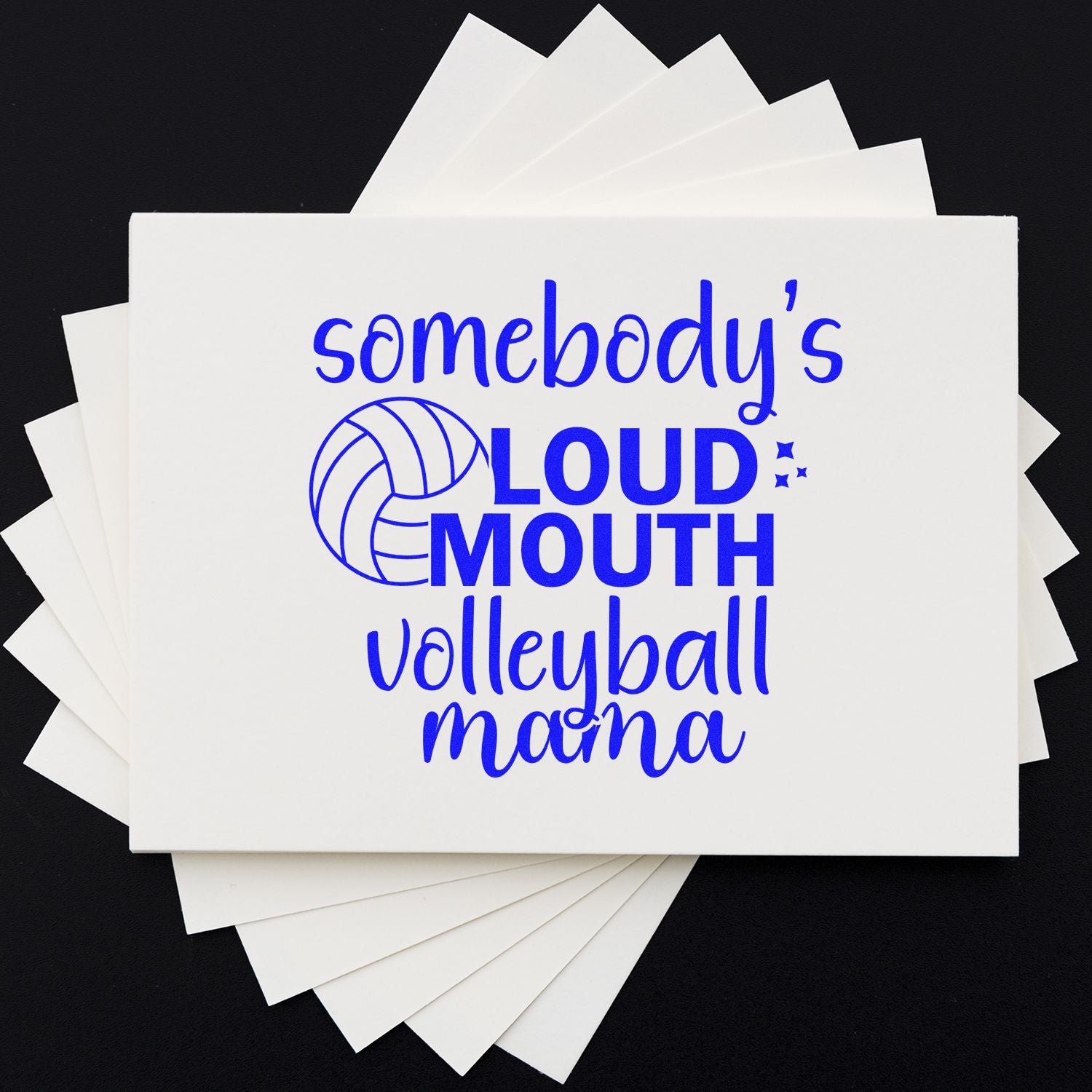 Volleyball mama rubber stamp design with blue quote and volleyball graphic for custom sports crafts