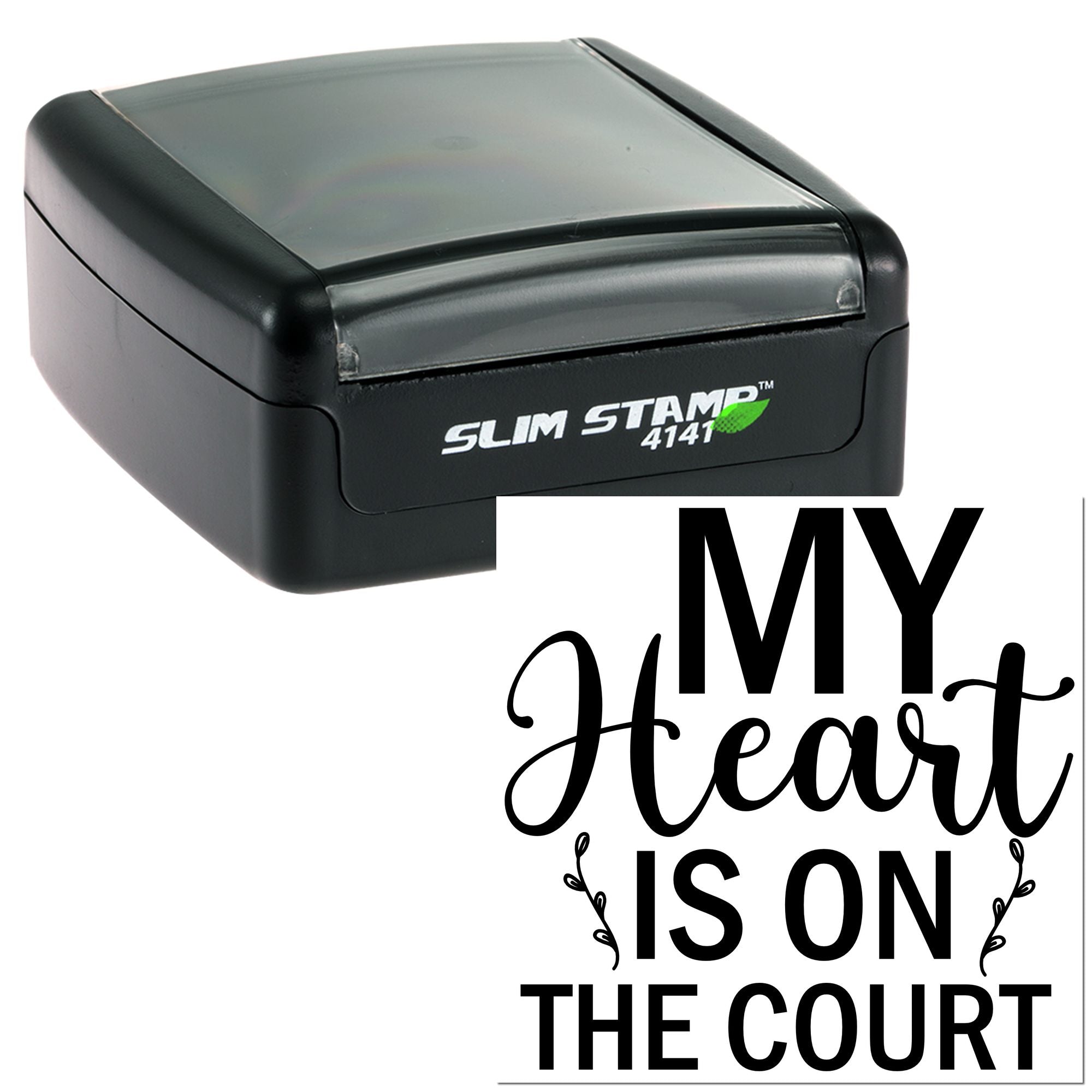 Custom self-inking rubber stamp with My Heart Is on the Court design for basketball coaches, players, and sports gifts.