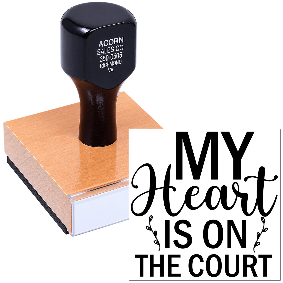 Custom rubber stamp reading My Heart Is on the Court for basketball-themed crafts and personalized stamping.