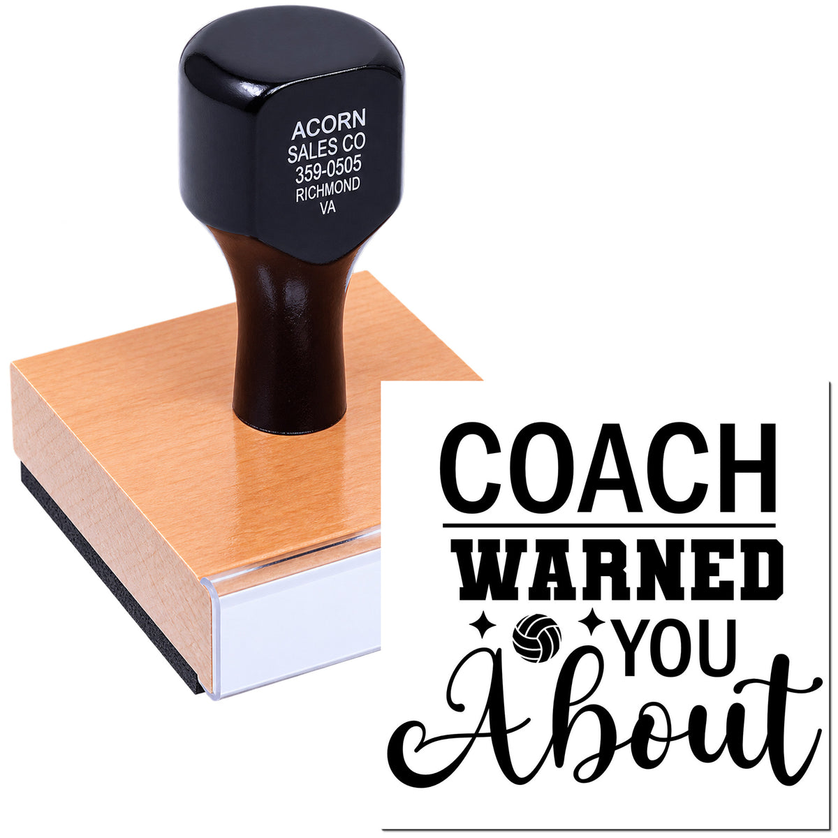 Custom rubber stamp for volleyball coaches with Coach Wanted You About text and ball icon.