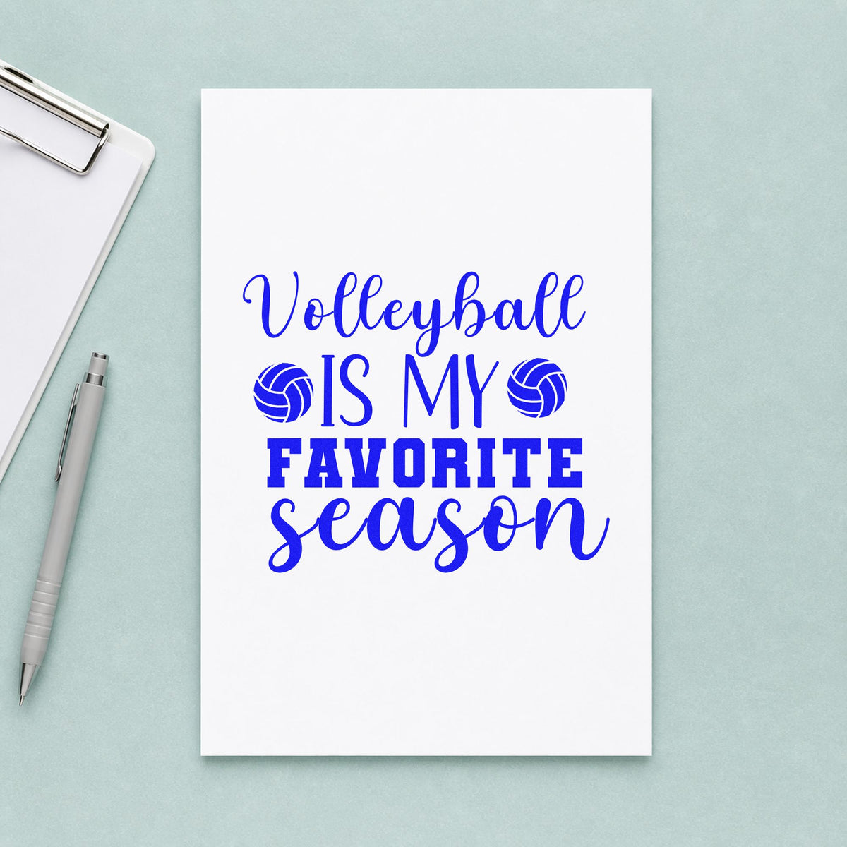 Volleyball Favorite Season craft stamp imprinted in blue ink on paper, a design suited to fixture pack seals.