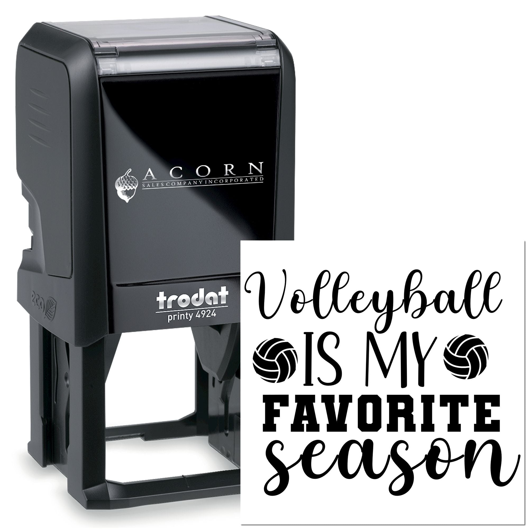Custom Trodat self-inking rubber stamp with Volleyball Is My Favorite Season design for personalized sports gifts.