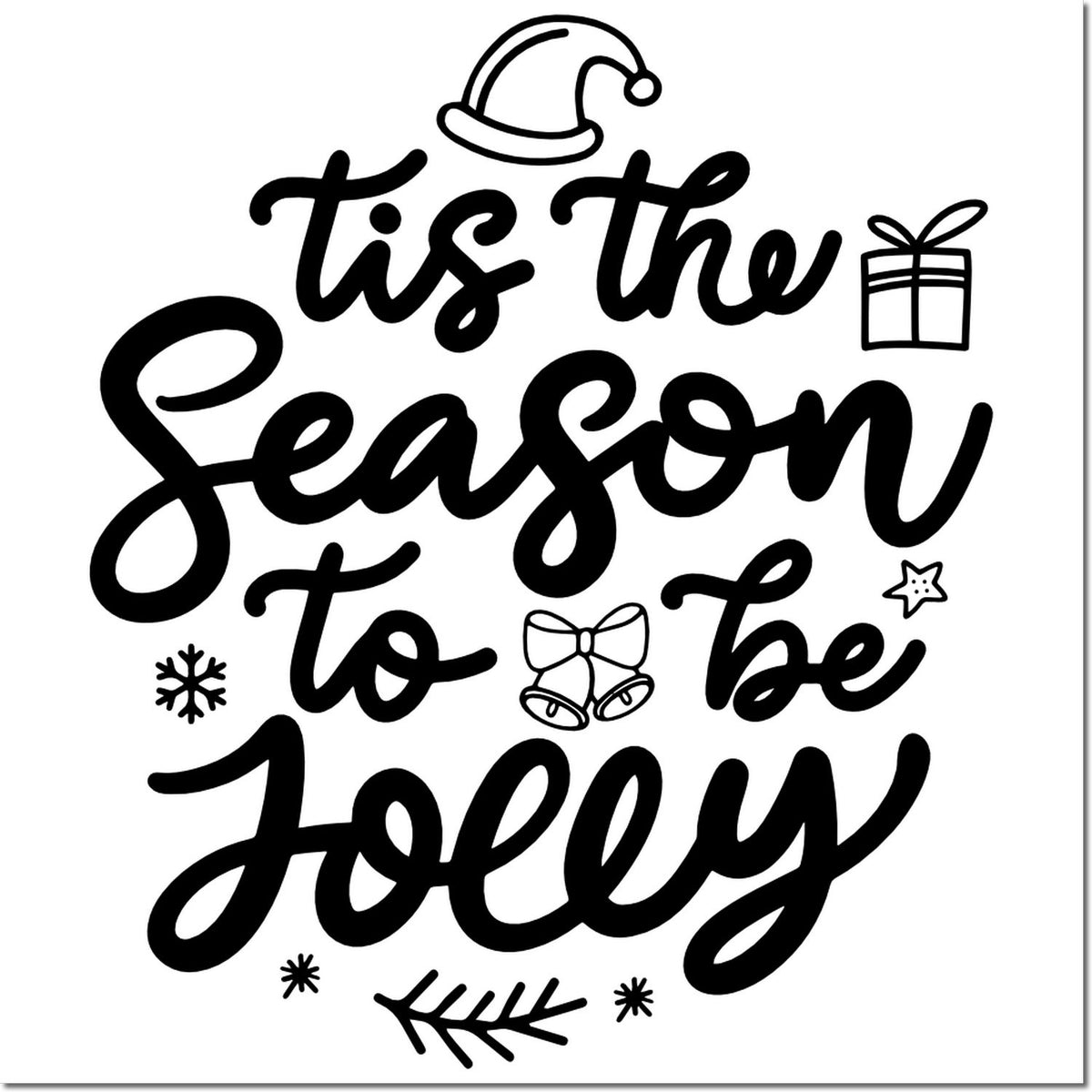 Christmas rubber stamp design with Tis the Season to be Jolly script, featuring a Santa hat, gift, bells, and snowflakes.