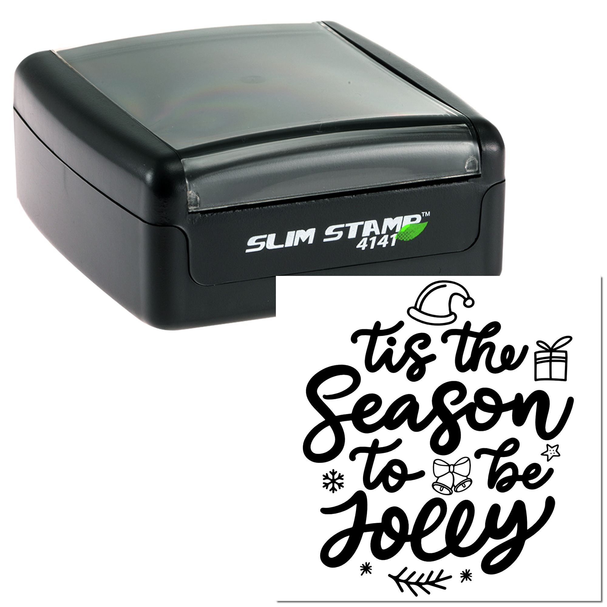 Self-inking rubber stamp with Tis the Season to Be Jolly Christmas design for holiday cards, crafts, and packaging.