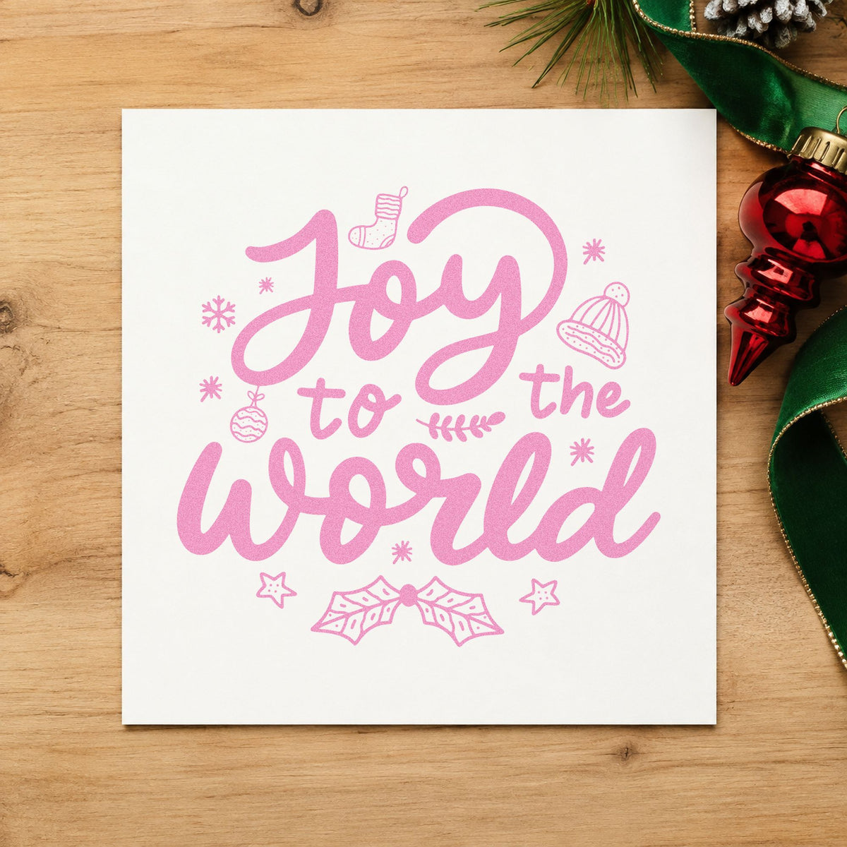 Joy To The World craft stamp in purple ink on cardstock, an easy option for holiday gift wrap.