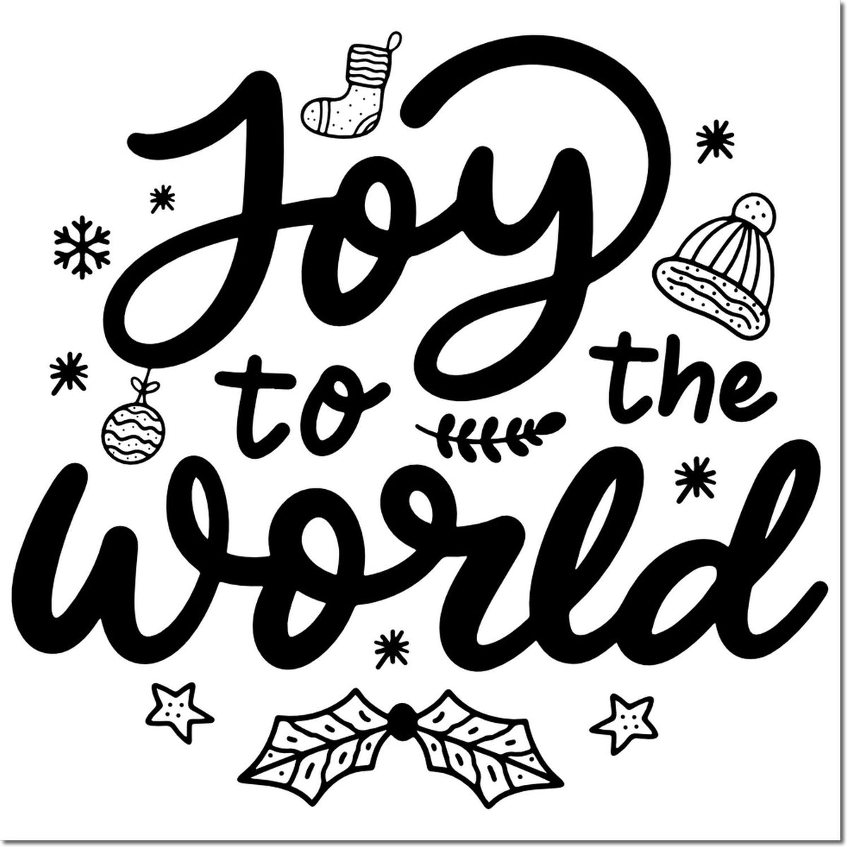 Joy to the World Christmas rubber stamp design with hand-lettered text, snowflakes, ornaments, and holiday icons.