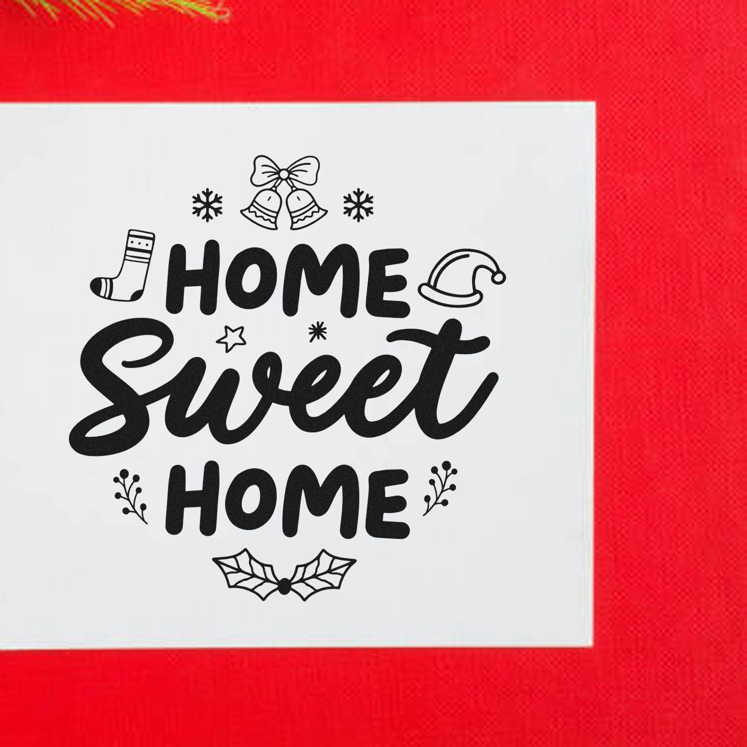 Home Sweet Home holiday rubber stamp design with bells, snowflakes, and Christmas accents for festive handmade cards.