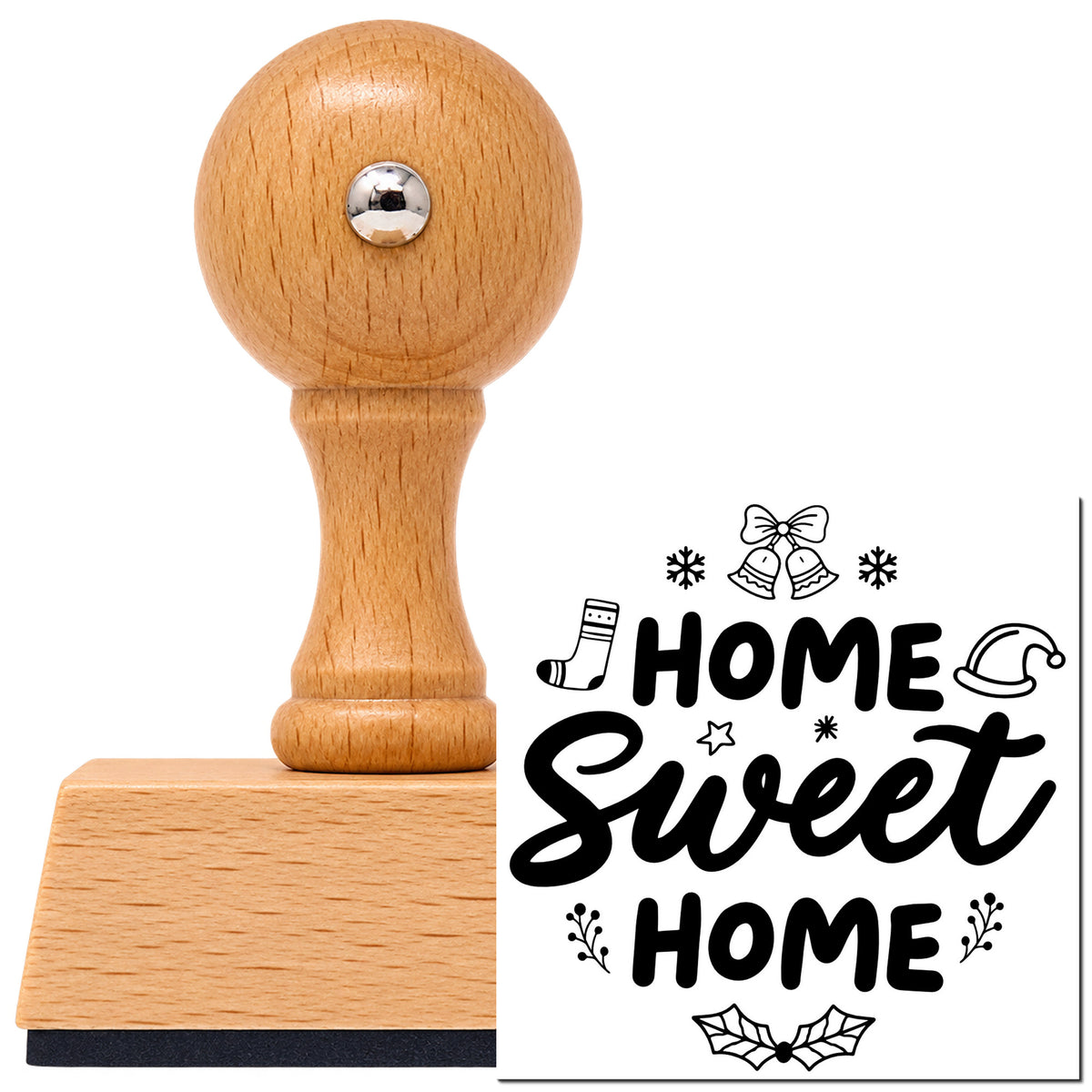 Home Sweet Home Christmas Holly Vintage Pro rubber stamp in European beech wood with a round knob handle, shown beside its black imprint.