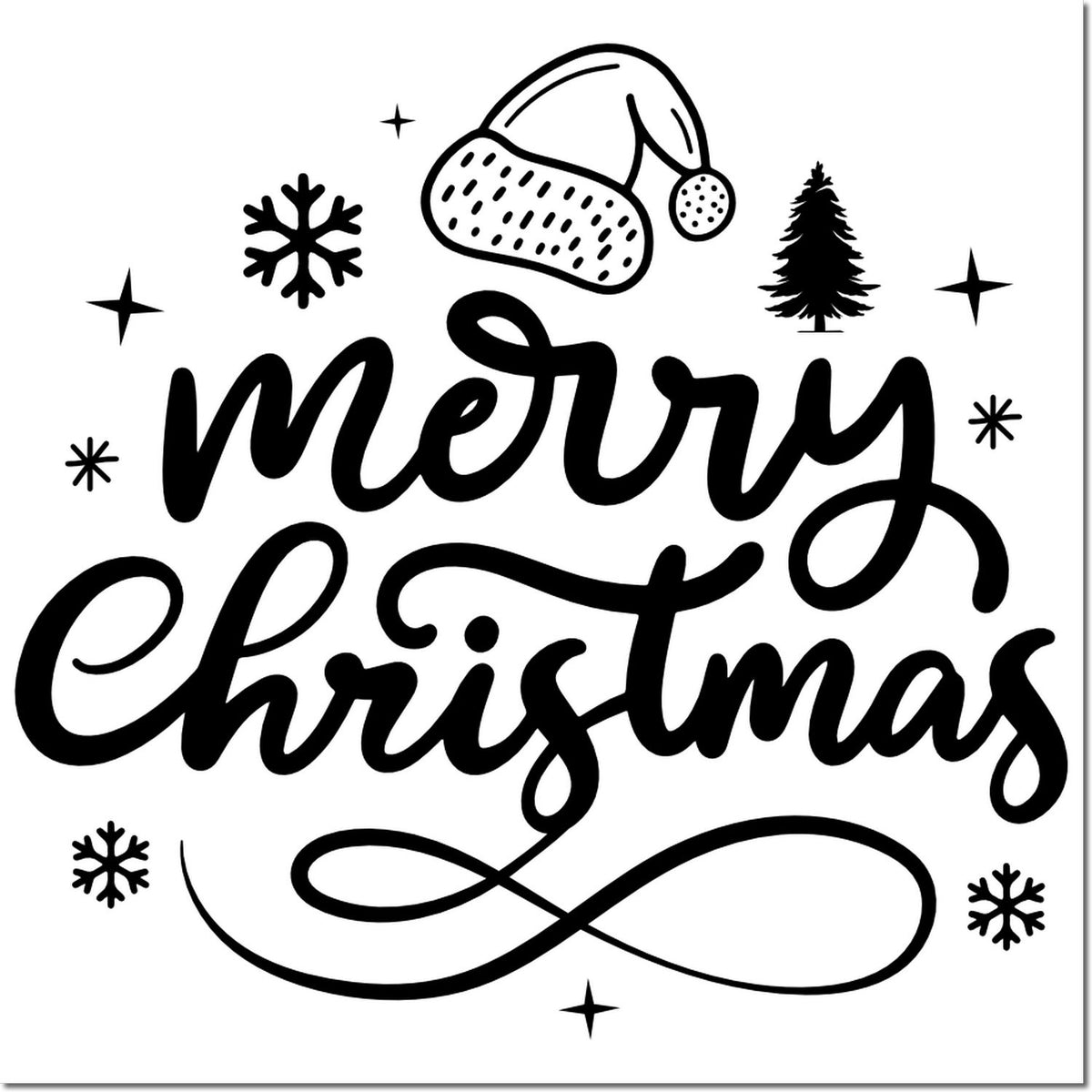 Merry Christmas rubber stamp design with Santa hat, snowflakes and evergreen tree for festive holiday cards.