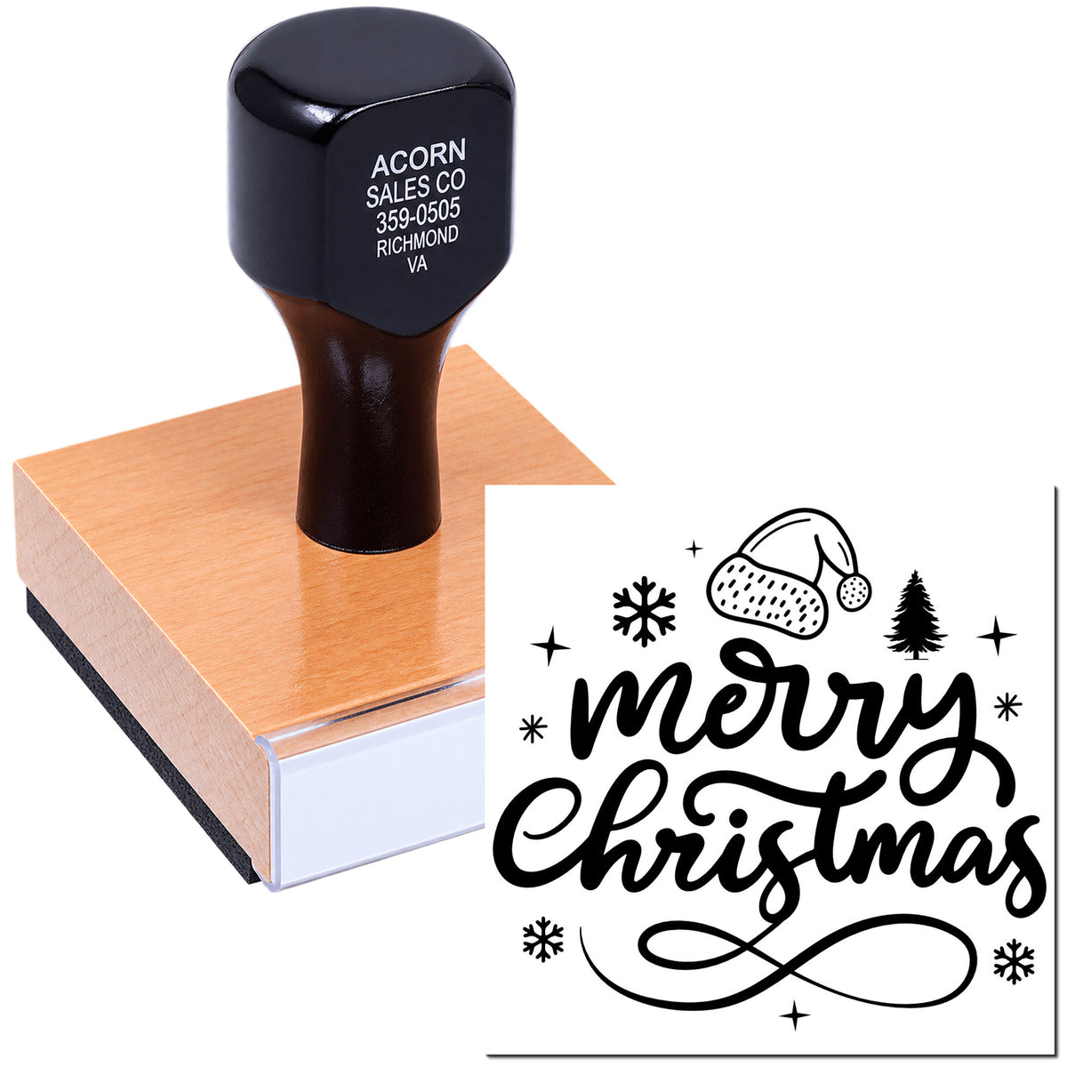 Custom Merry Christmas rubber stamp with festive lettering, Santa hat, snowflakes, and tree design for holiday card making.