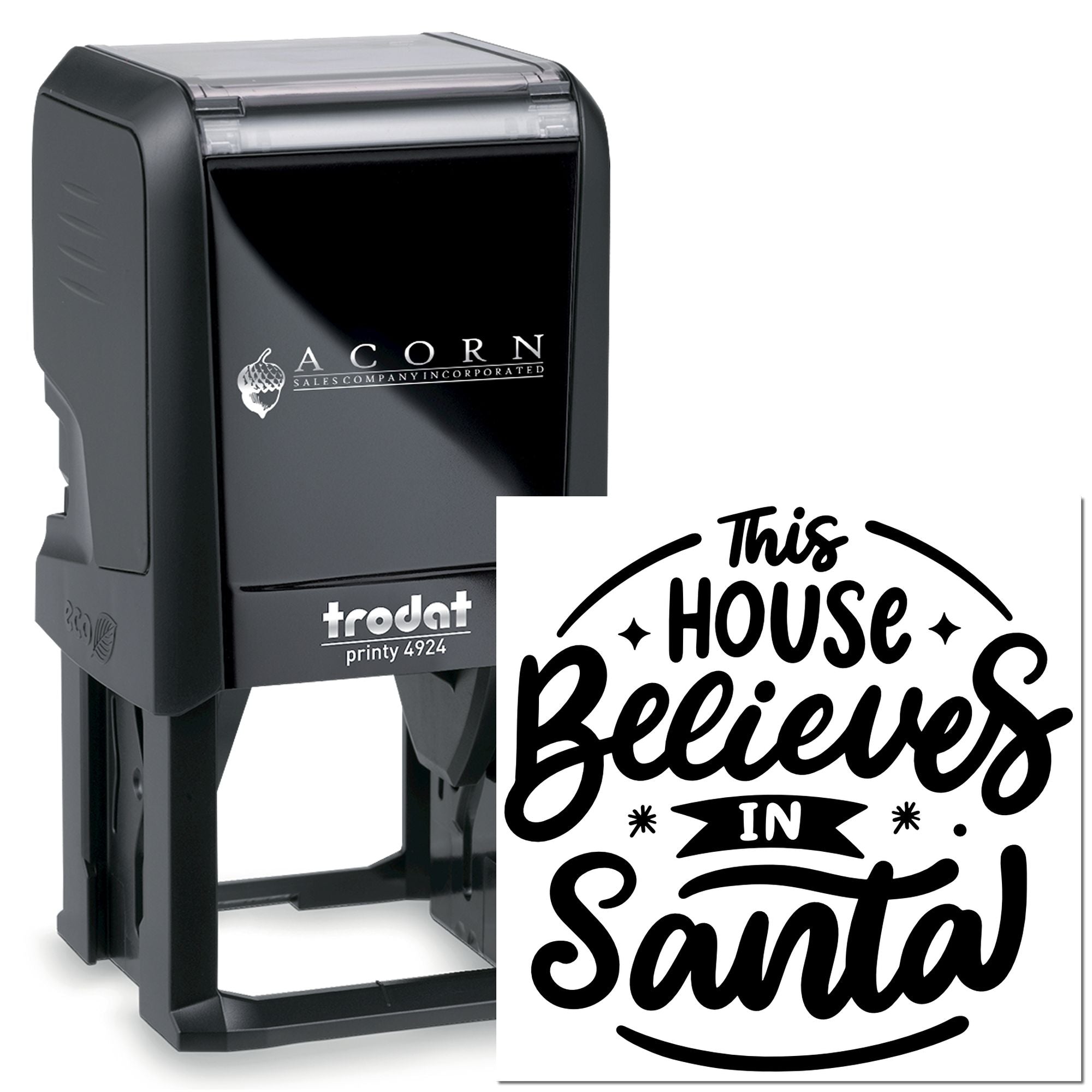 Custom self-inking rubber stamp with This House Believes in Santa design for holiday cards, gifts, and packaging.