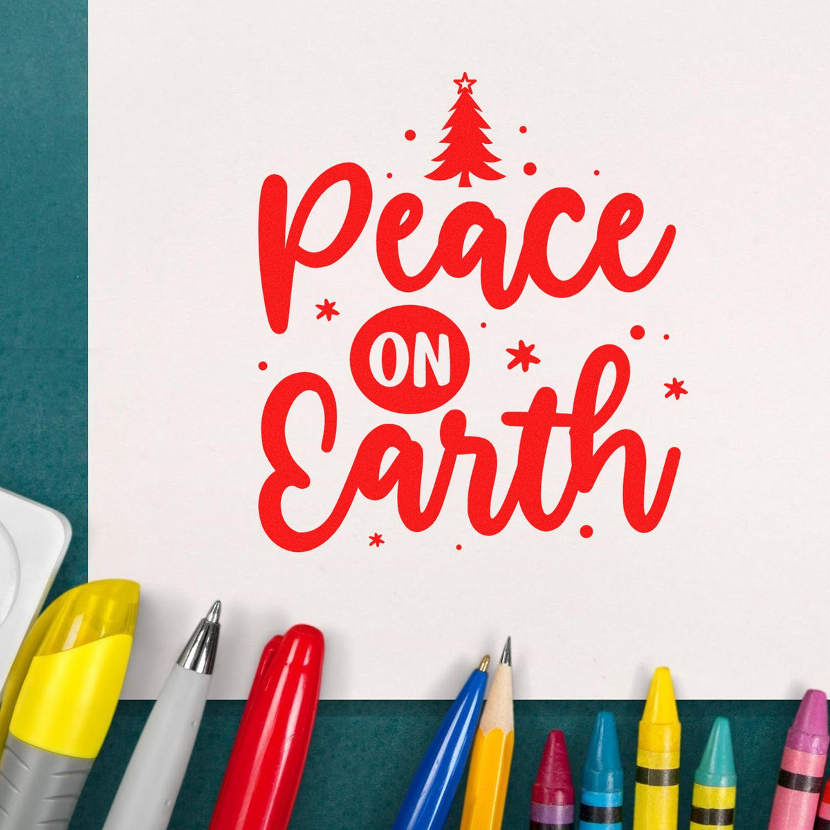 Peace on Earth Christmas rubber stamp design with tree, ideal for holiday card making and festive craft projects.
