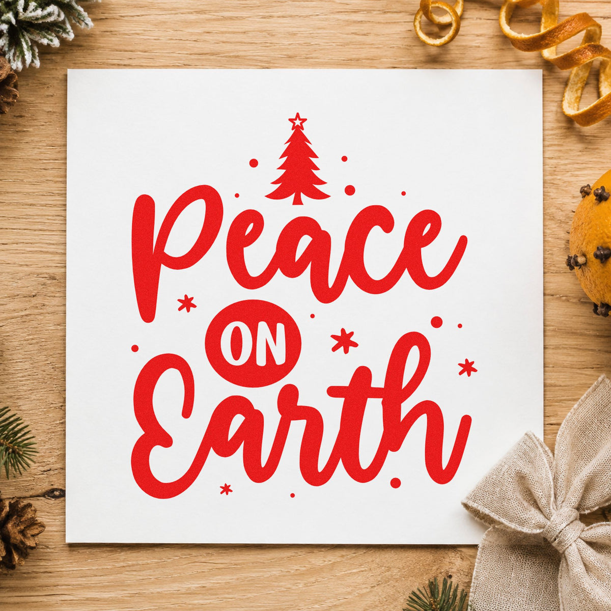 Peace On Earth Tree craft stamp in red ink on cardstock, an easy option for altar cloth panels.