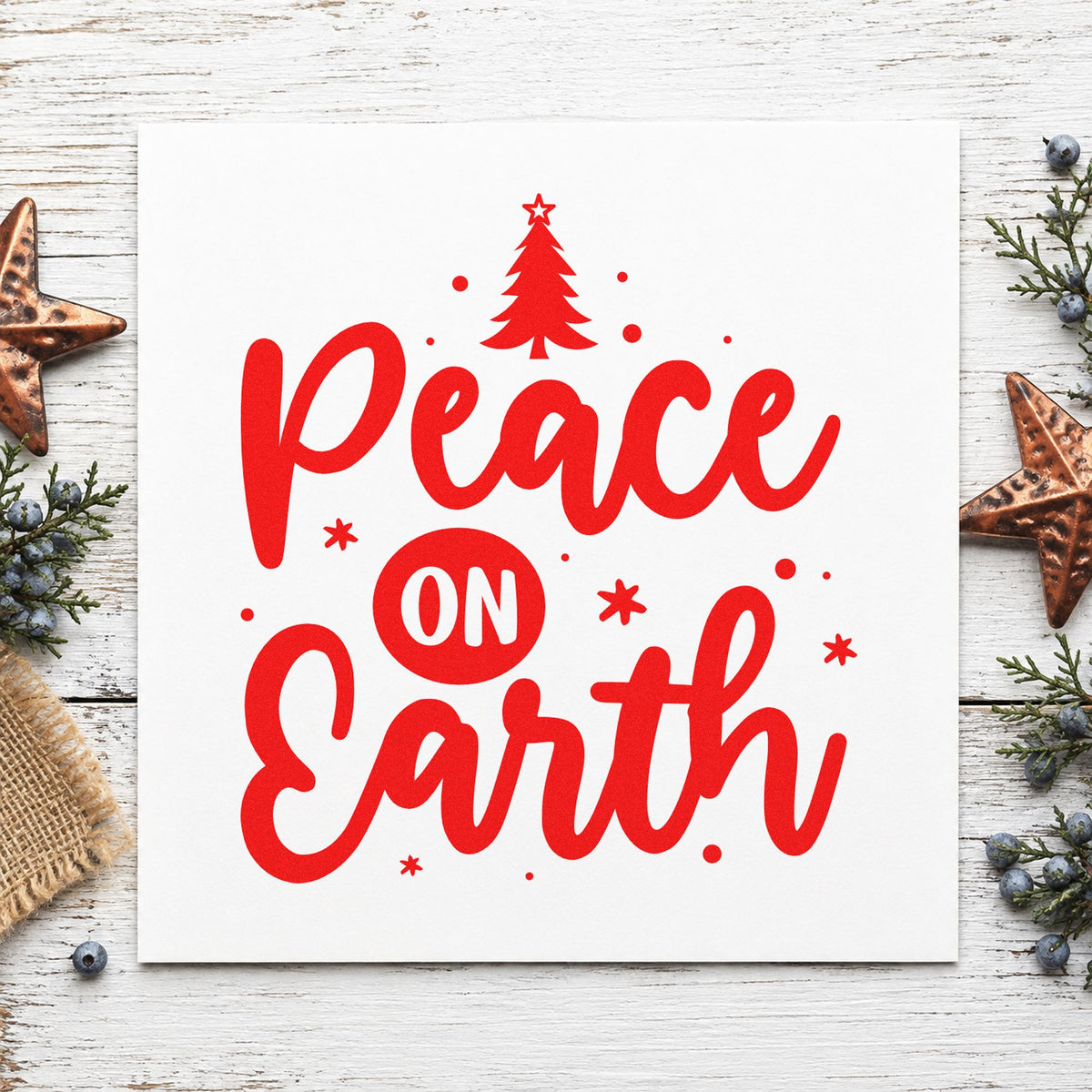 Peace On Earth Tree rubber stamp shown in red ink, stamped for projects such as midnight mass notes.