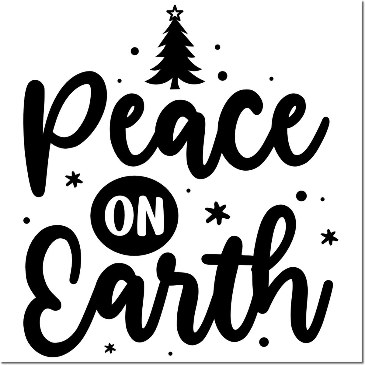 Peace on Earth Christmas rubber stamp design with tree and stars for holiday cards and gift tags