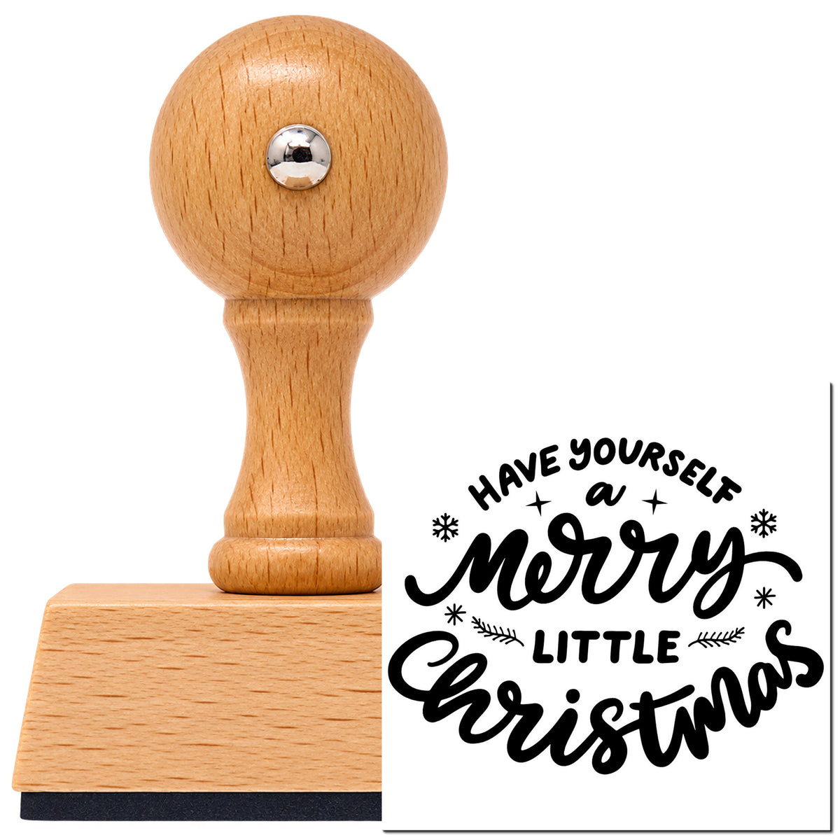 Have Yourself Merry Little Christmas Vintage Pro rubber stamp in European beech wood with a round knob handle, shown beside its black imprint.