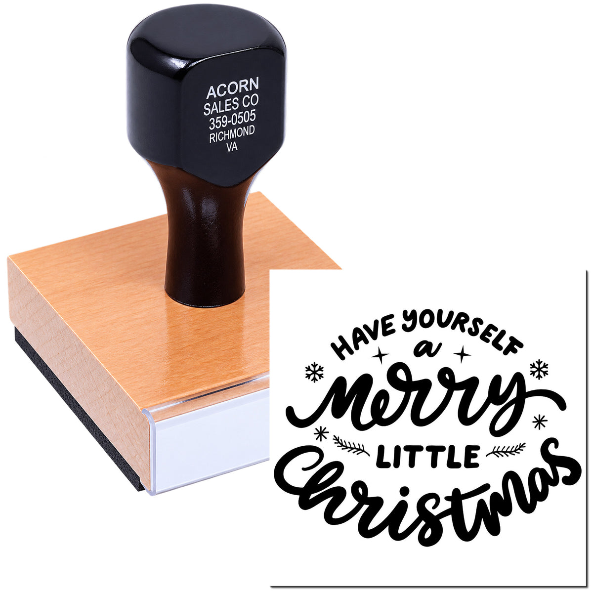 Custom rubber stamp with Have Yourself a Merry Little Christmas design for holiday cards, crafts, and festive packaging.