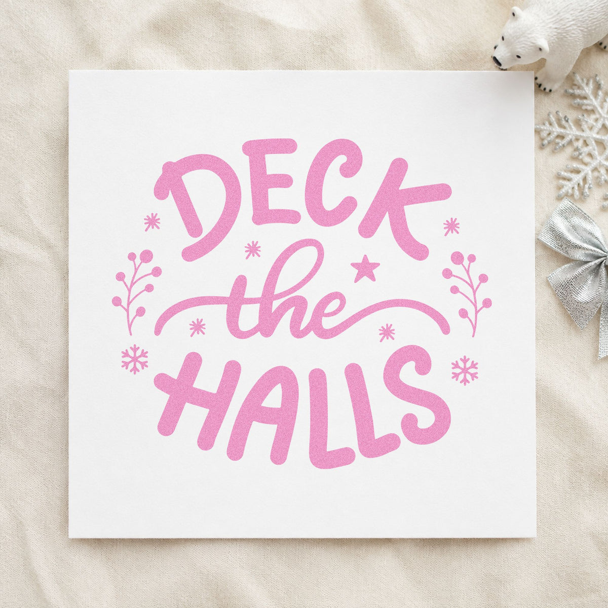 Deck The Halls Sprigs craft stamp in purple ink on cardstock, an easy option for decor box tags.