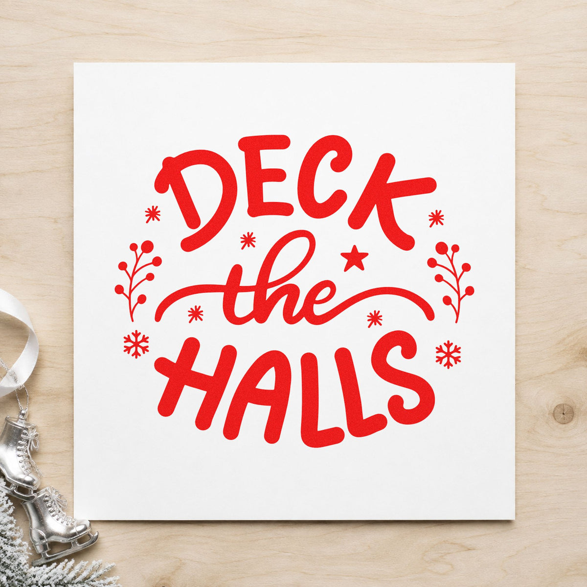 Deck The Halls Sprigs craft stamp in red ink on cardstock, an easy option for garland tie panels.