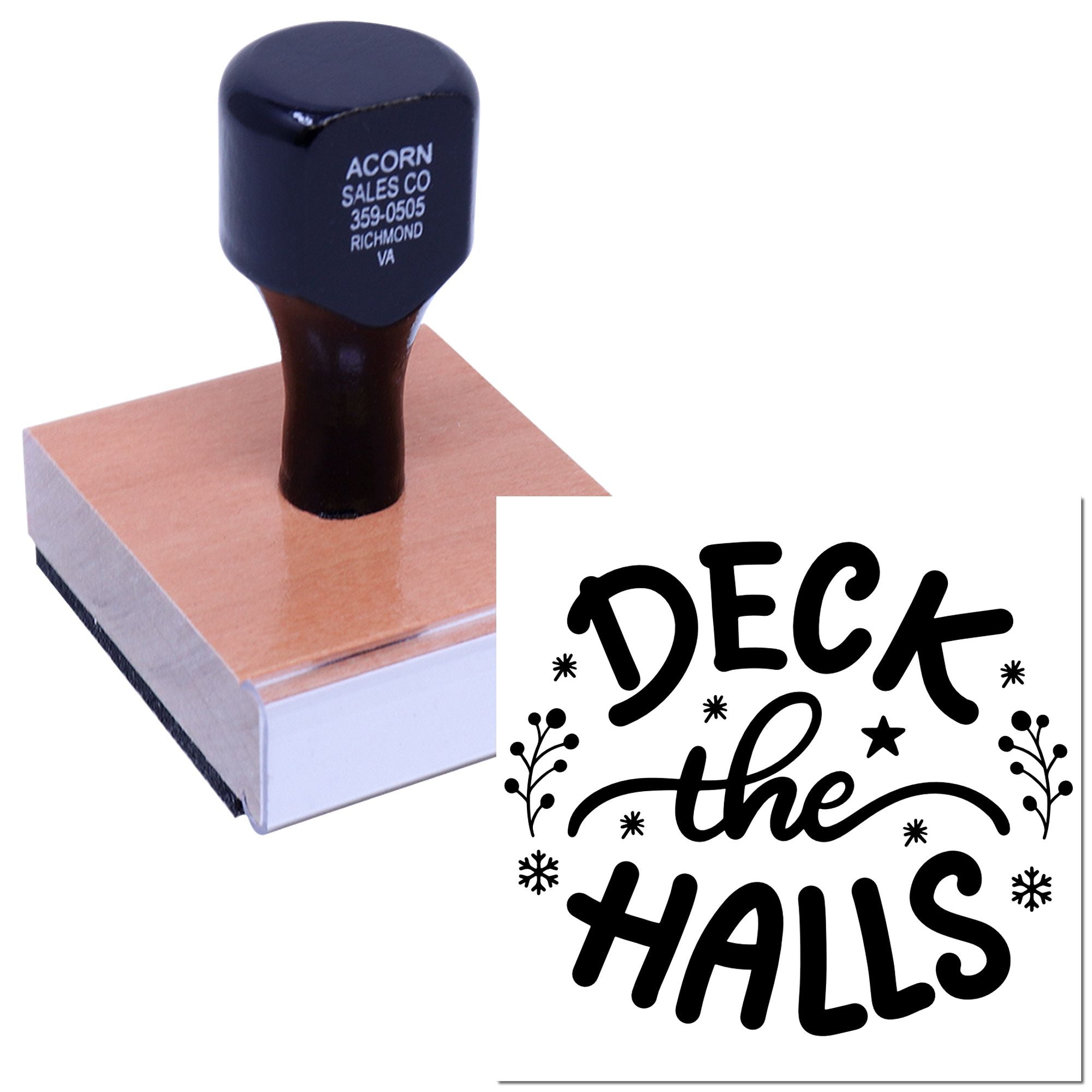 Custom rubber stamp with Deck the Halls design for holiday cards, scrapbooking, and festive craft projects.