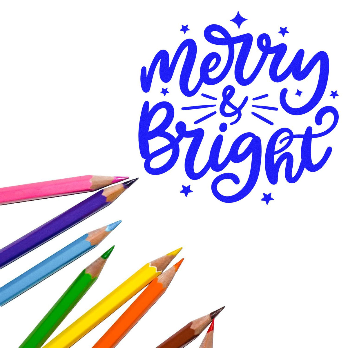 Merry & Bright rubber stamp design with colorful pencils and festive blue script lettering
