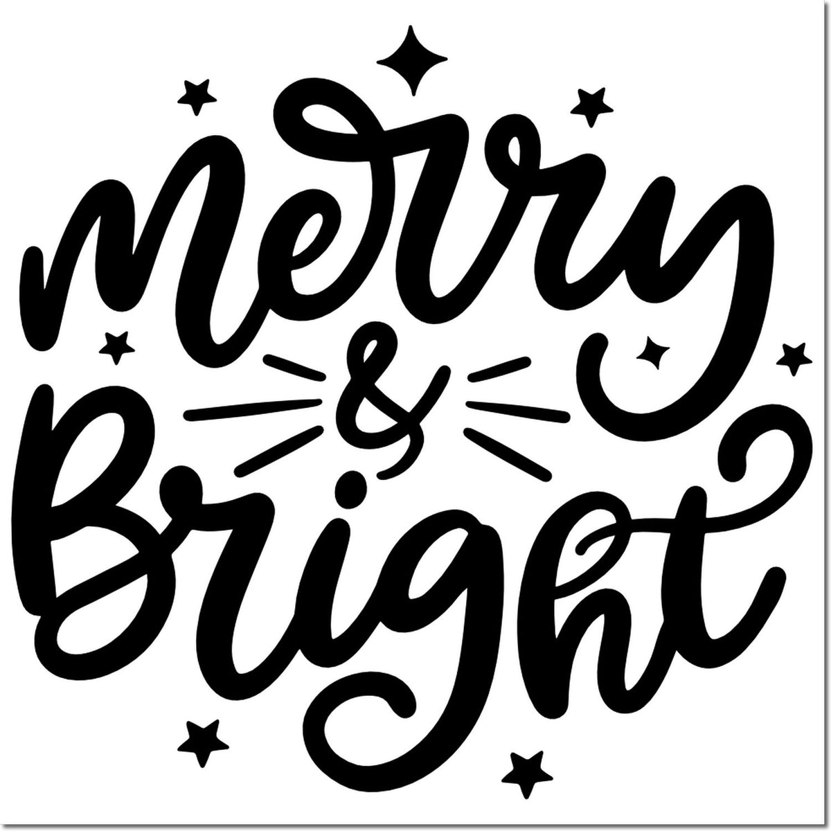 Merry & Bright Christmas rubber stamp design with festive script and stars for holiday cards, crafts, and packaging.