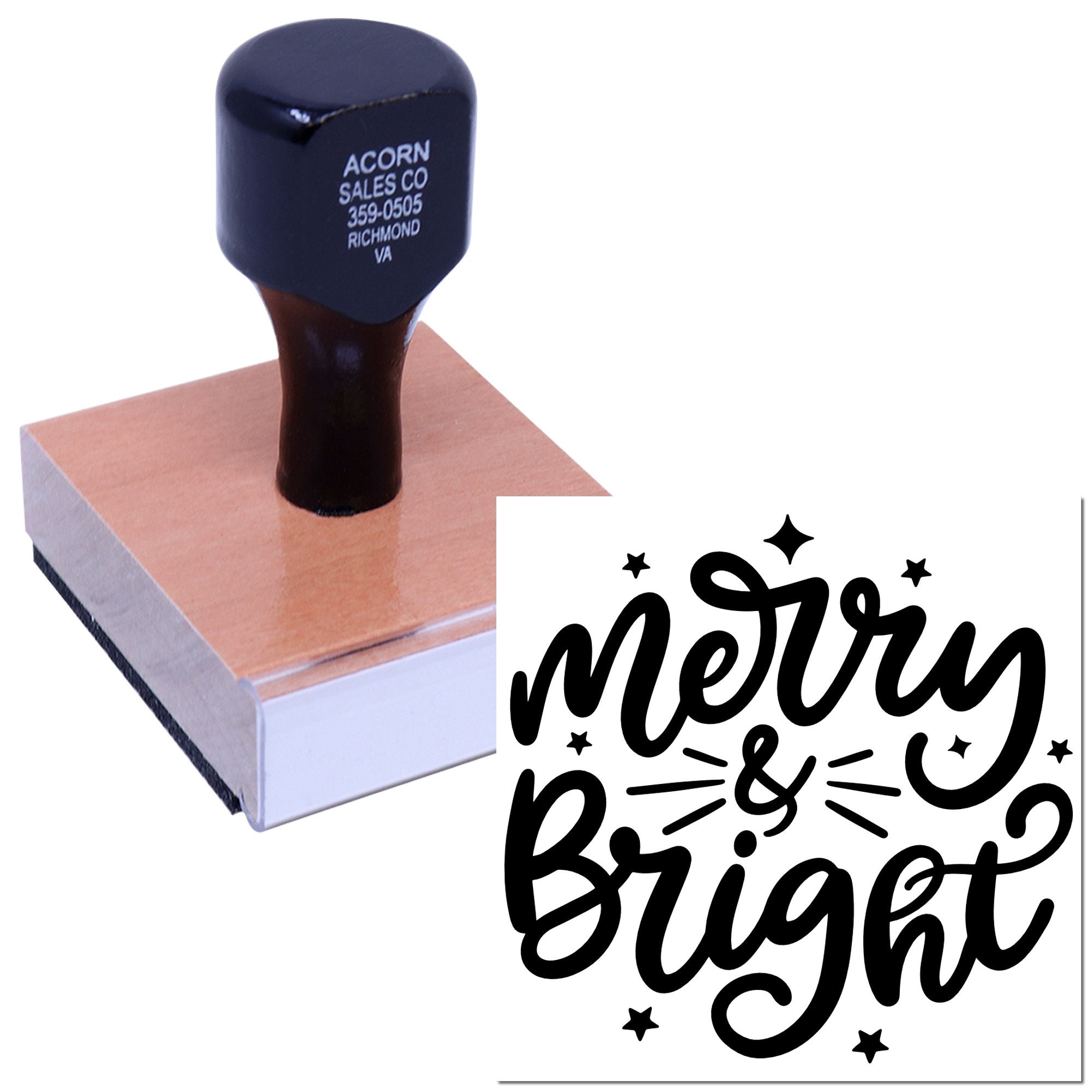 Custom Merry & Bright rubber stamp for holiday cards, gift packaging, and festive craft projects with decorative lettering design.
