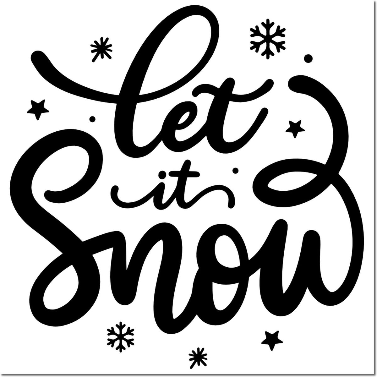 Let it Snow winter rubber stamp design with snowflakes and stars for holiday cards, crafts, and scrapbooking.