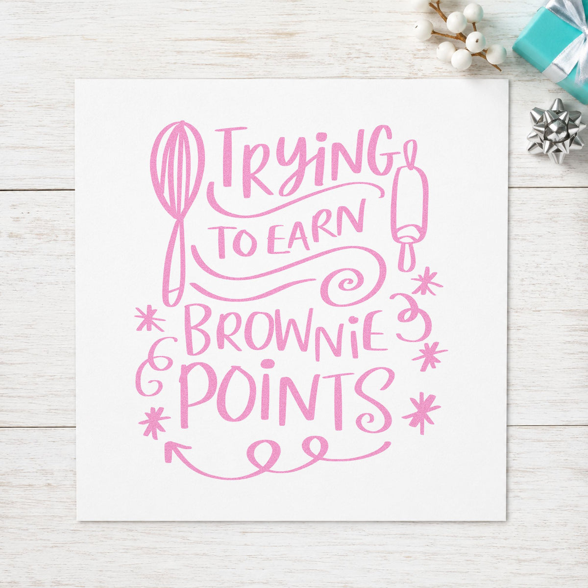 Trying To Earn Brownie Points craft stamp in purple ink on cardstock, an easy option for brownie box tags.
