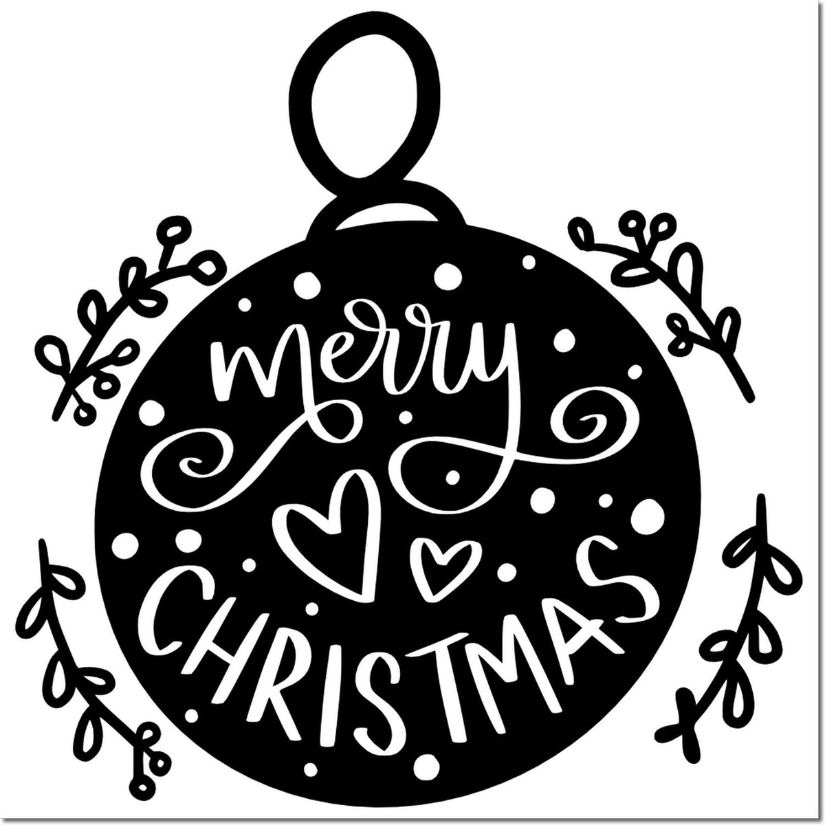 Merry Christmas ornament rubber stamp design with hearts and festive foliage for holiday cards, crafts, and seasonal decor.