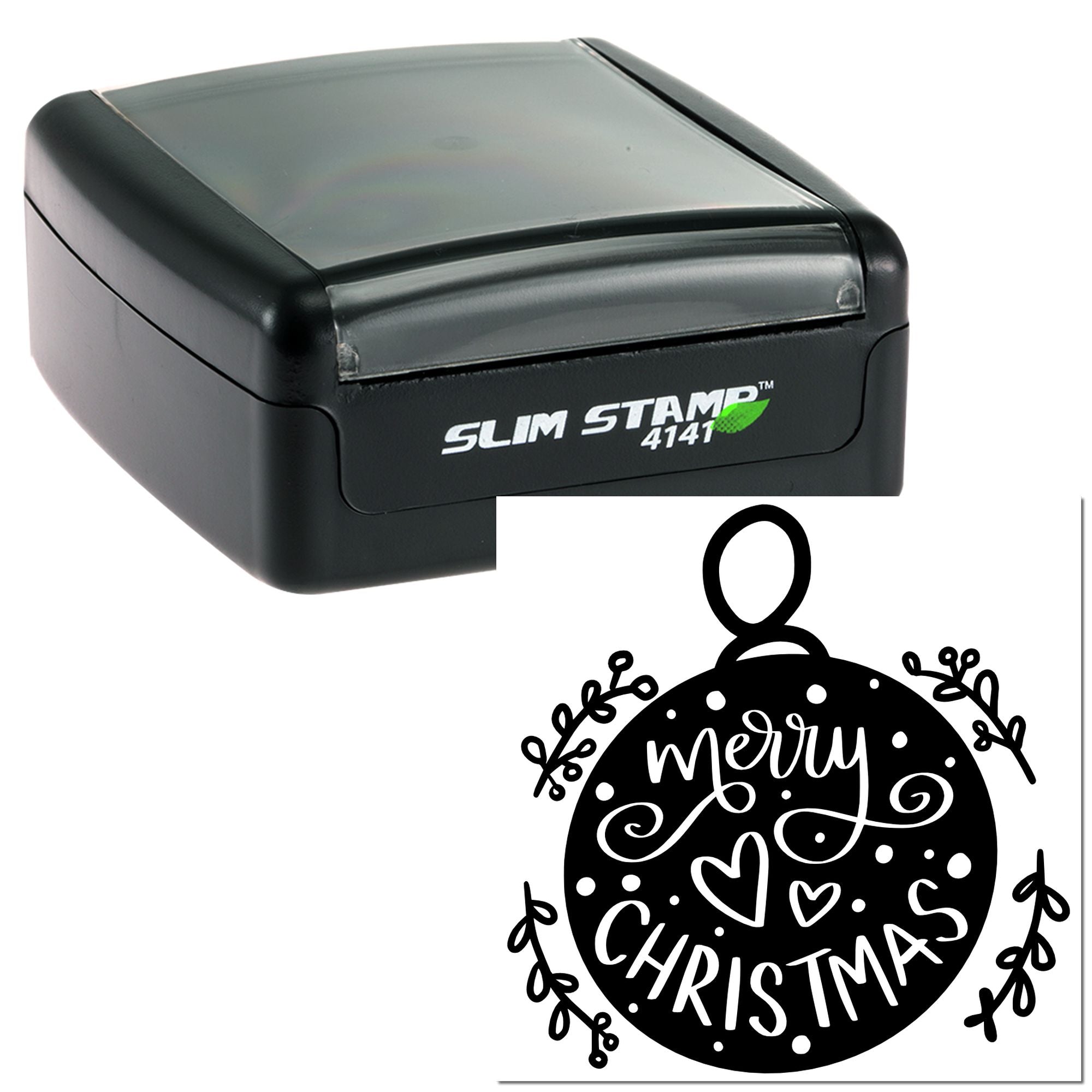 Self-inking Slim Stamp 4141 with Merry Christmas ornament rubber stamp impression
