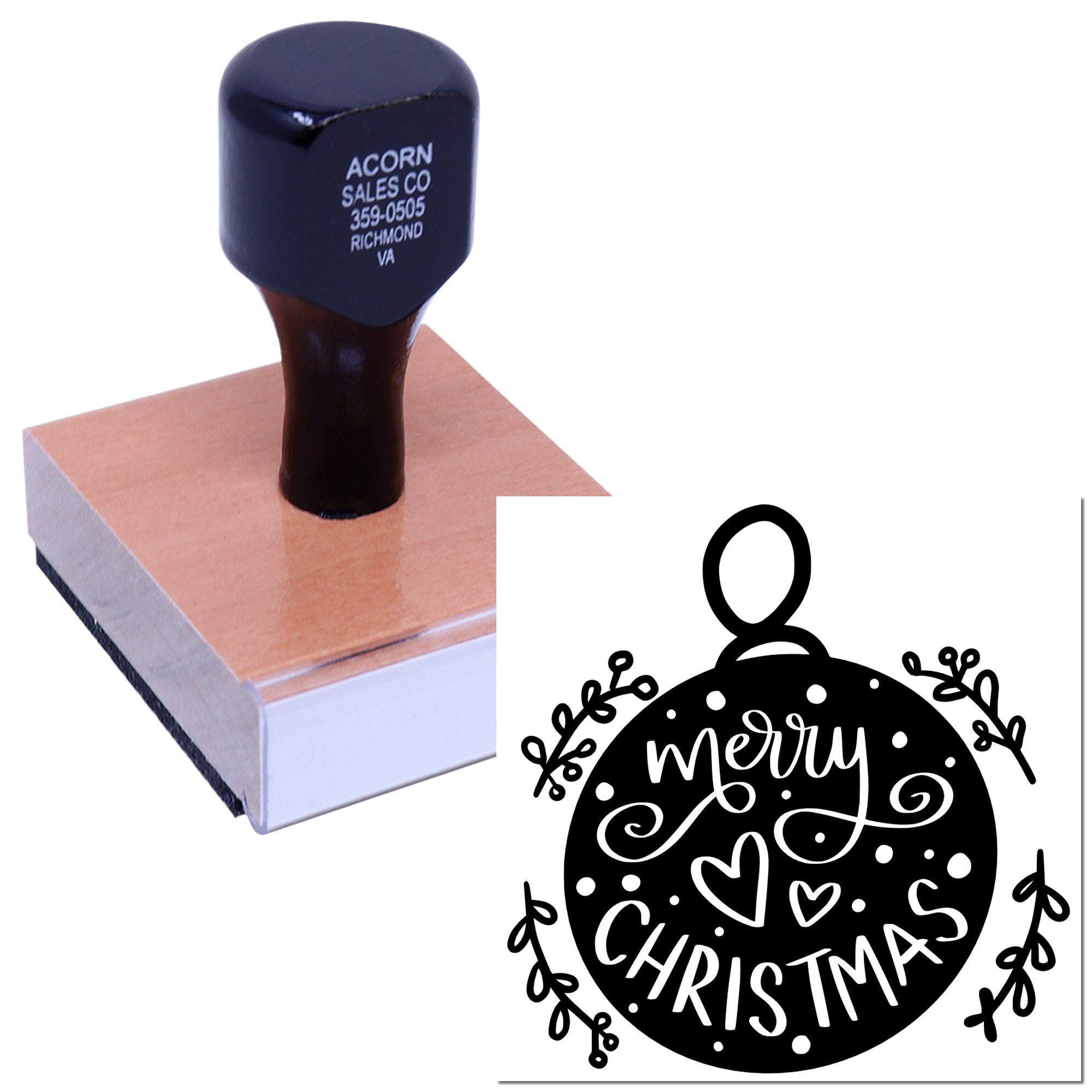Custom rubber stamp with Merry Christmas ornament design for holiday cards, gift tags, and festive craft projects.