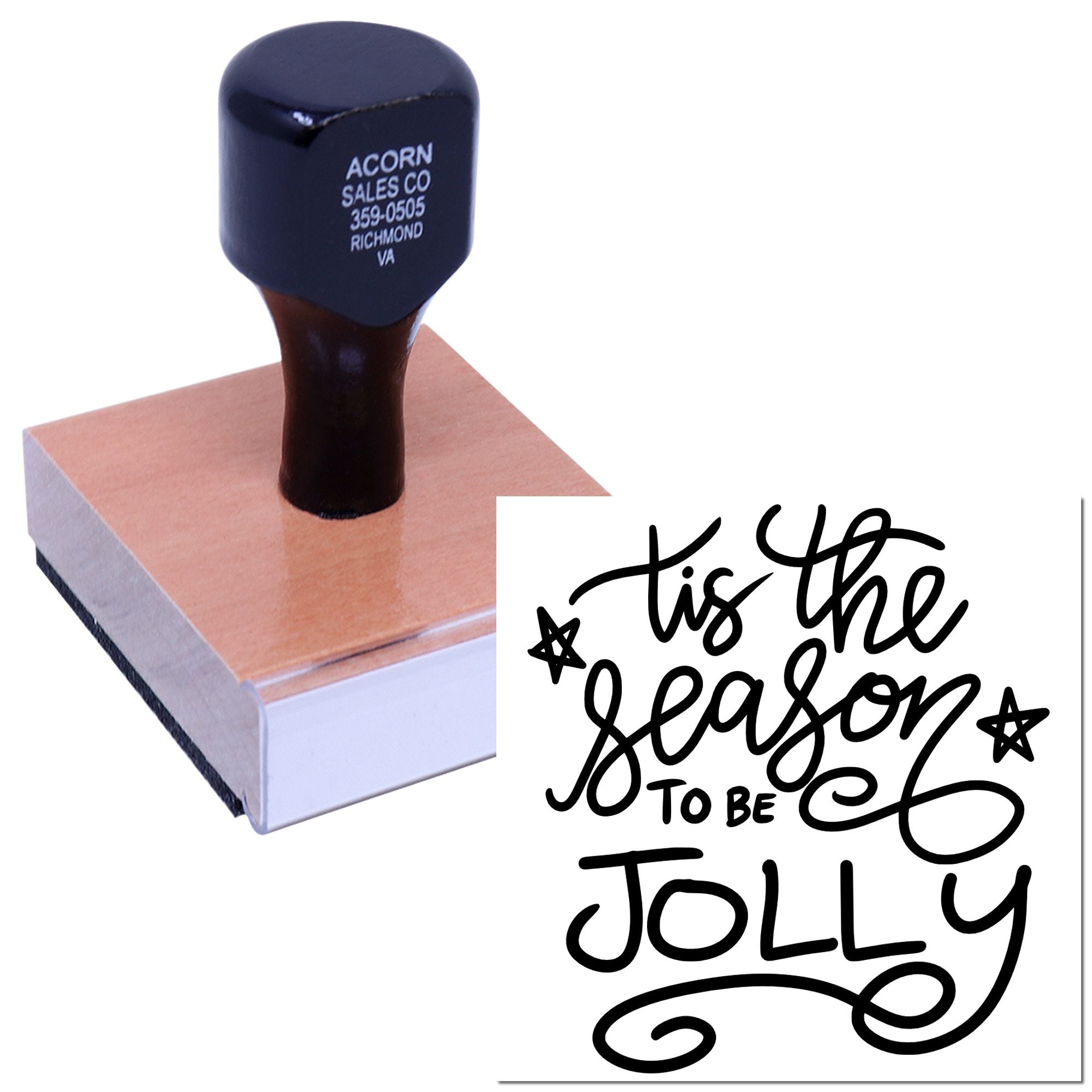 Custom holiday rubber stamp with Tis the Season to Be Jolly design for festive cards and packaging.