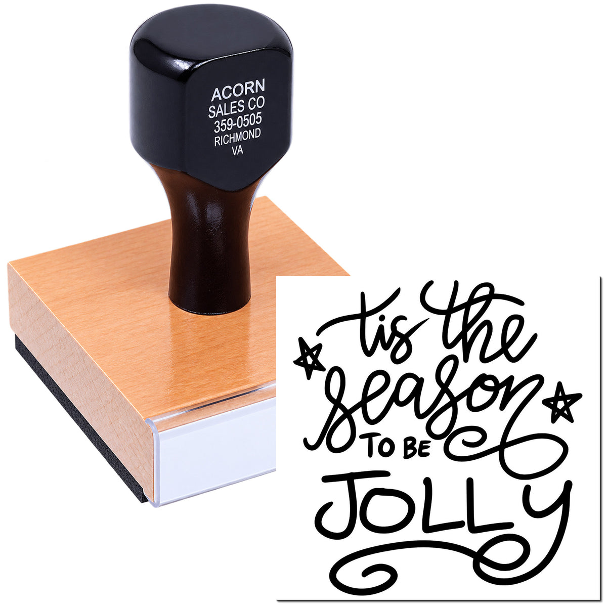 Custom holiday rubber stamp with Tis the Season to Be Jolly design for festive cards and packaging.